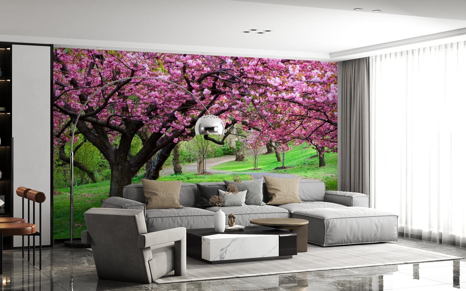 Papier peint une allée du parc parsemée de fleurs