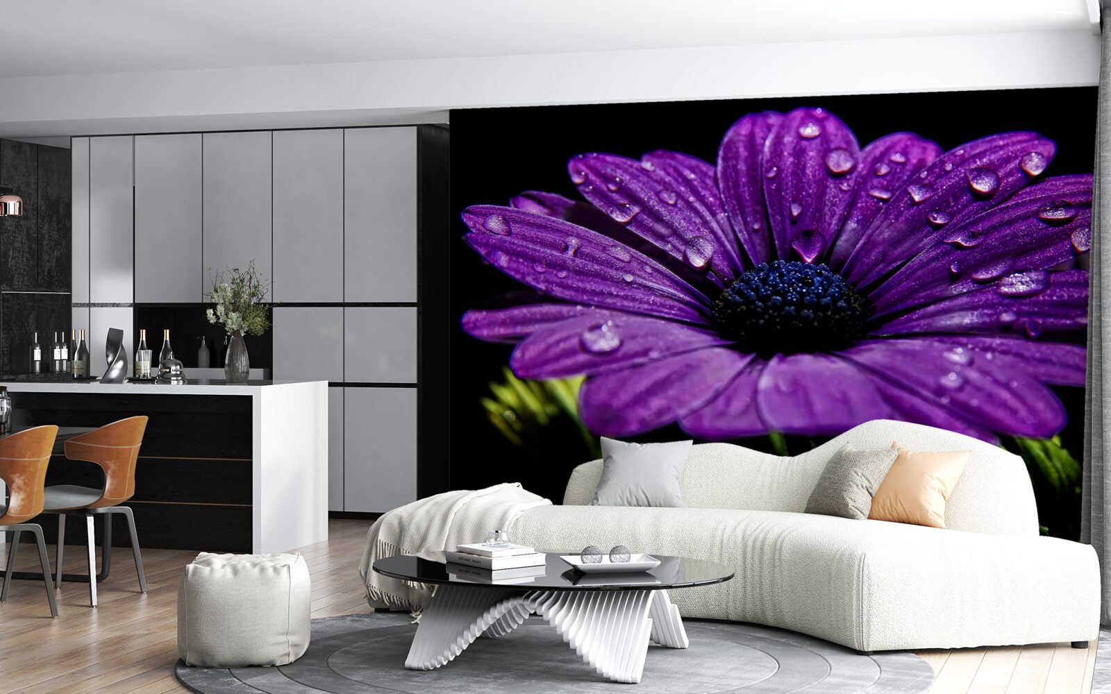 Papier peint gouttes d'eau sur une fleur de gerbera violette