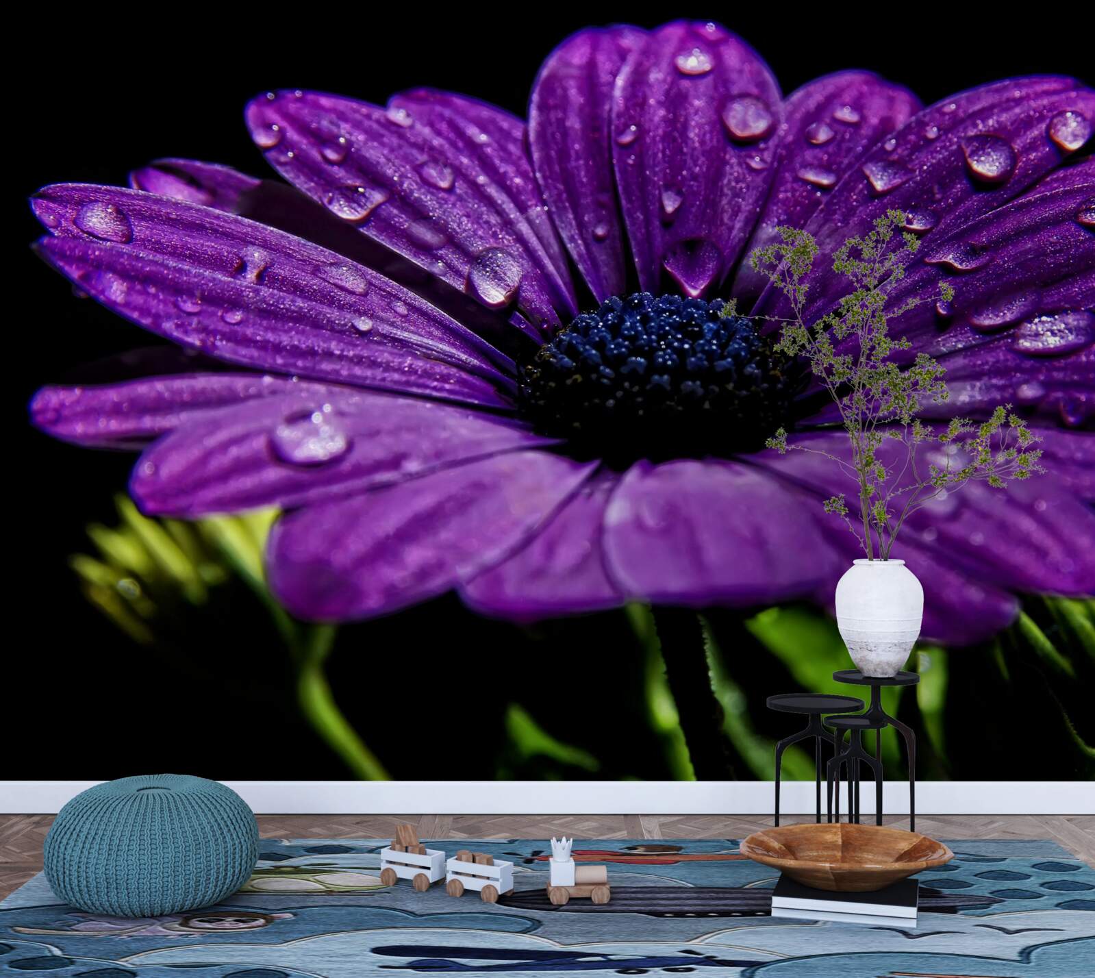 Papier peint gouttes d'eau sur une fleur de gerbera violette