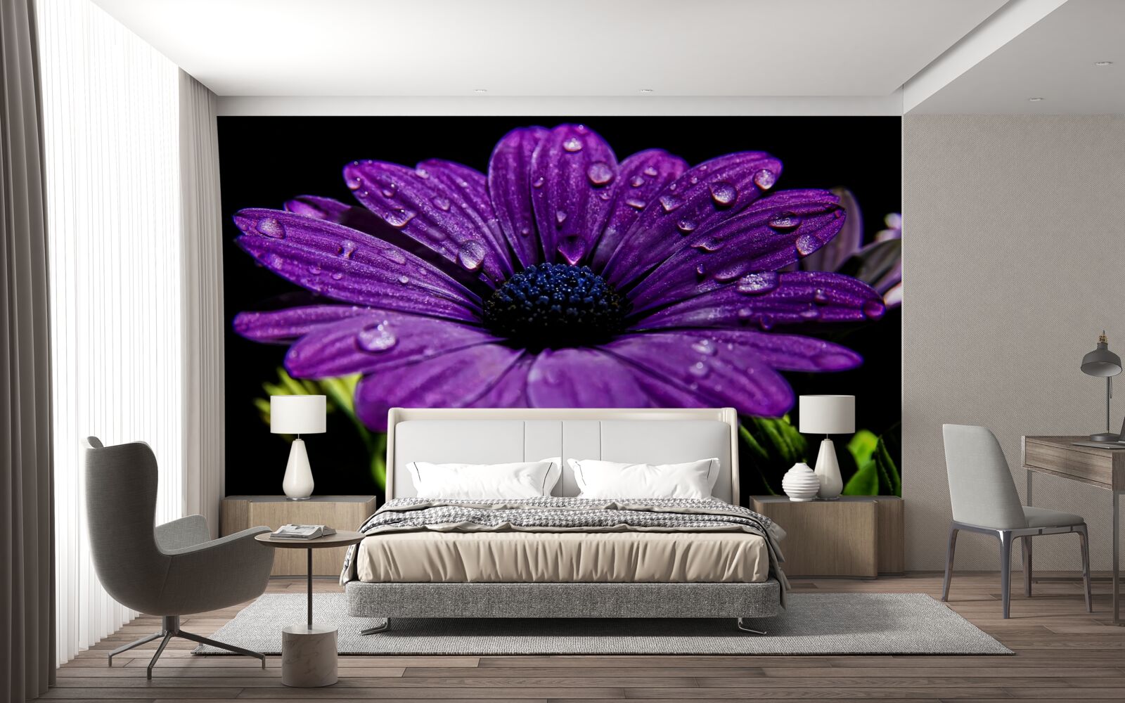 Papier peint gouttes d'eau sur une fleur de gerbera violette