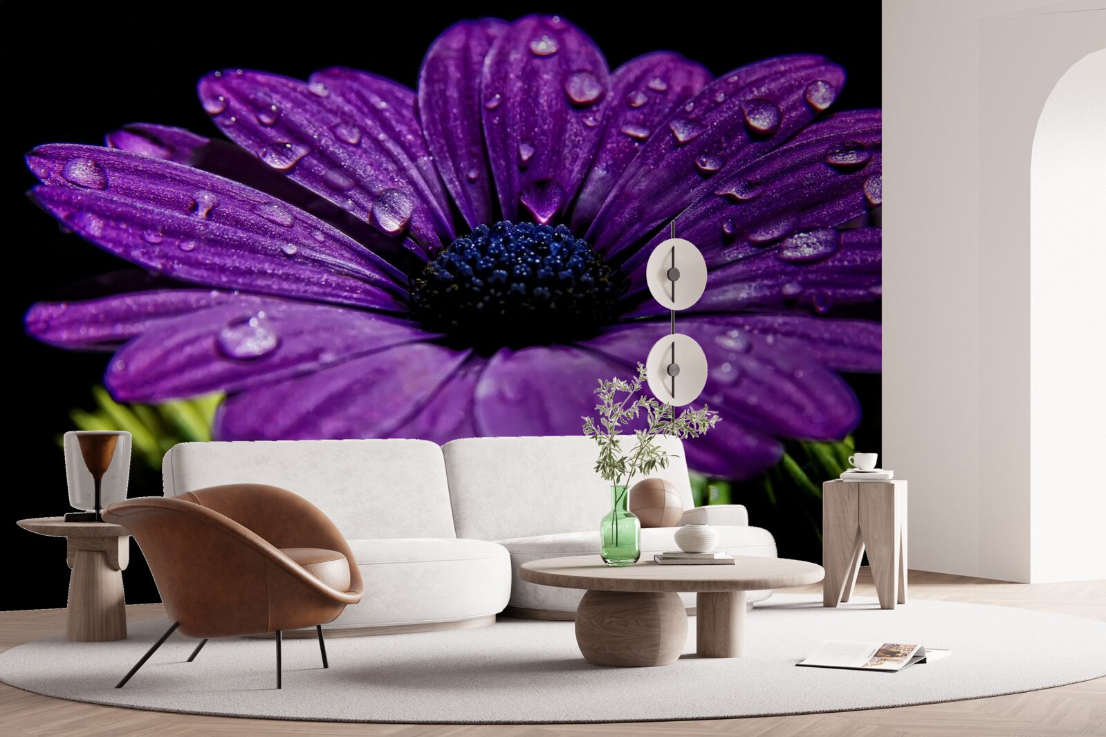 Papier peint gouttes d'eau sur une fleur de gerbera violette