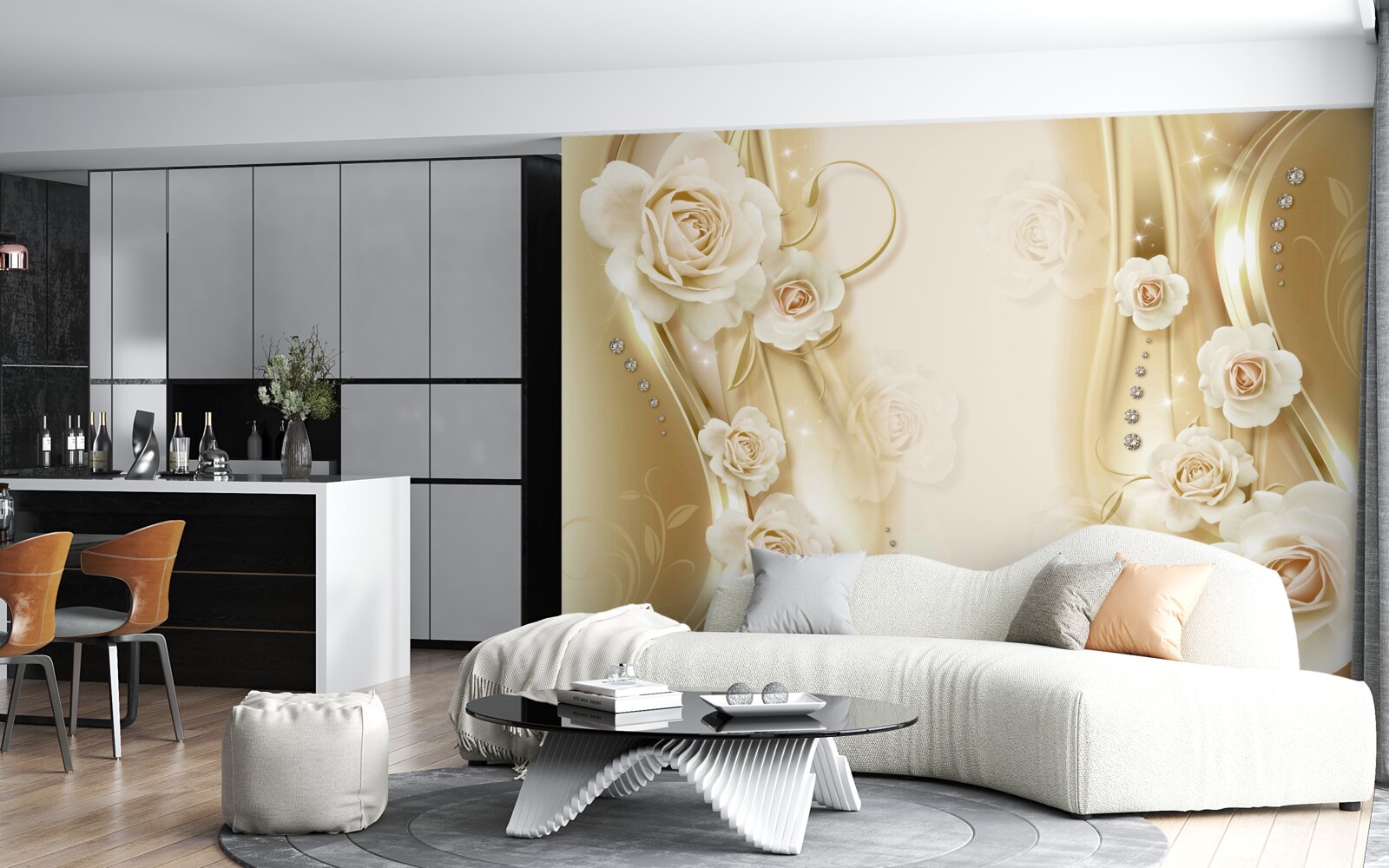 Papier peint roses blanches sur fond brun