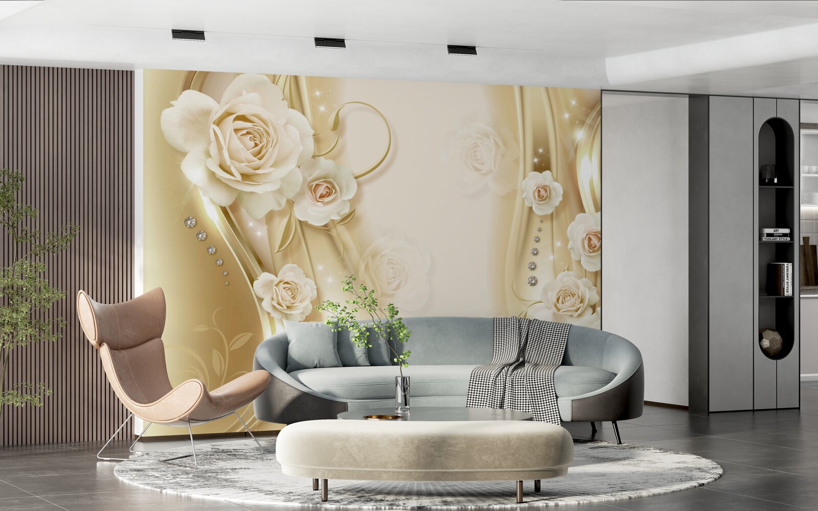 Papier peint roses blanches sur fond brun