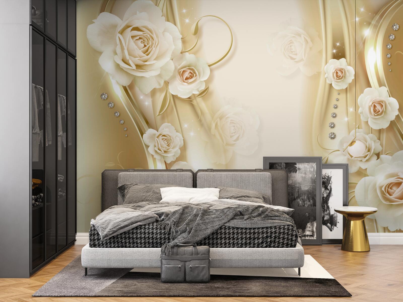 Papier peint roses blanches sur fond brun