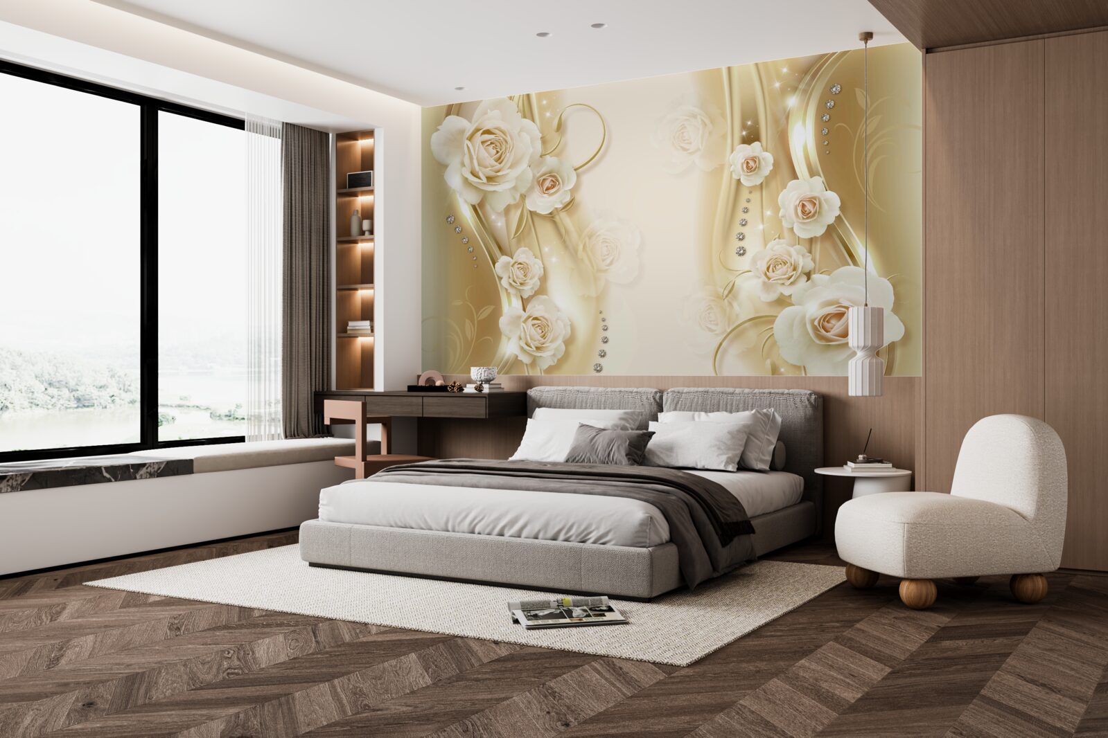 Papier peint roses blanches sur fond brun