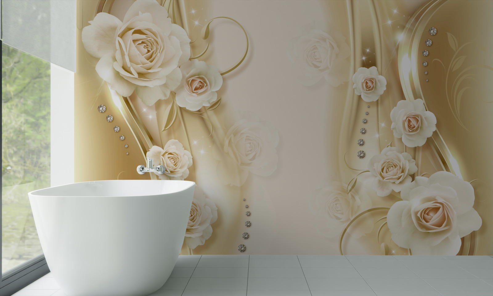 Papier peint roses blanches sur fond brun