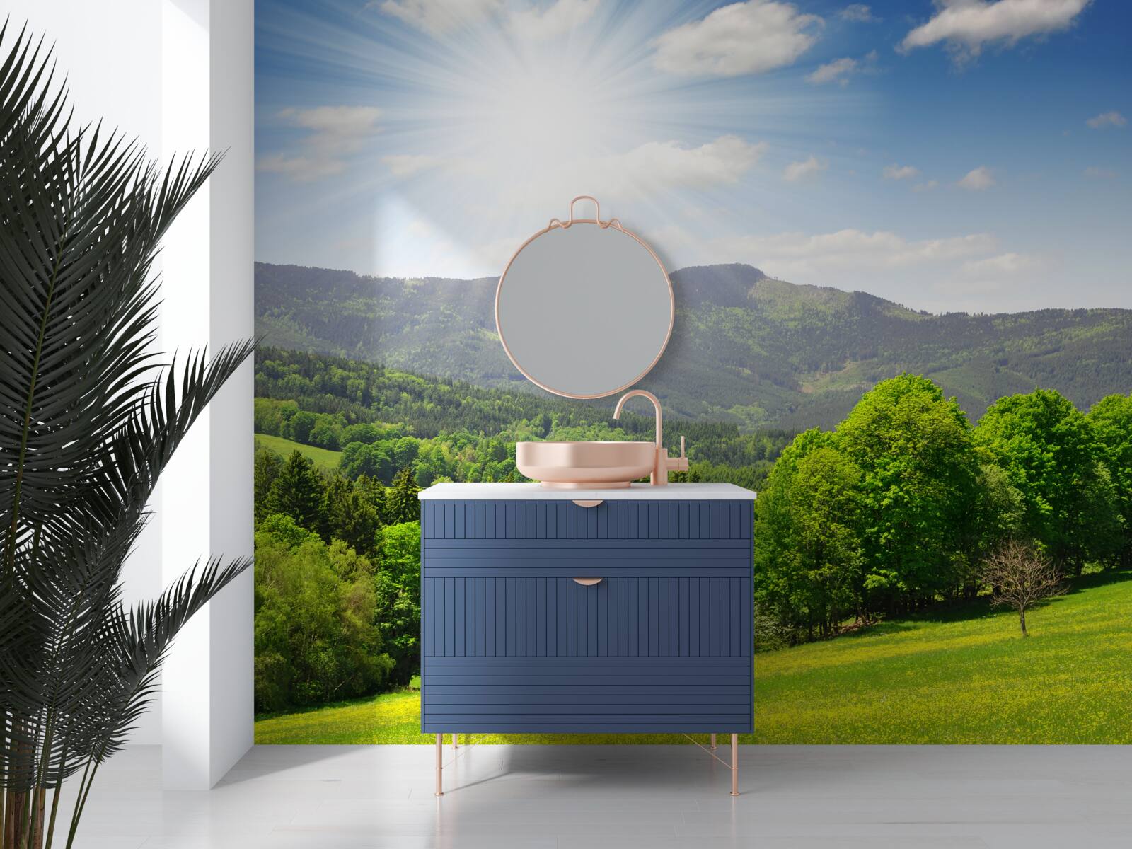 Papier peint le soleil est au plus haut sur une prairie verdoyante