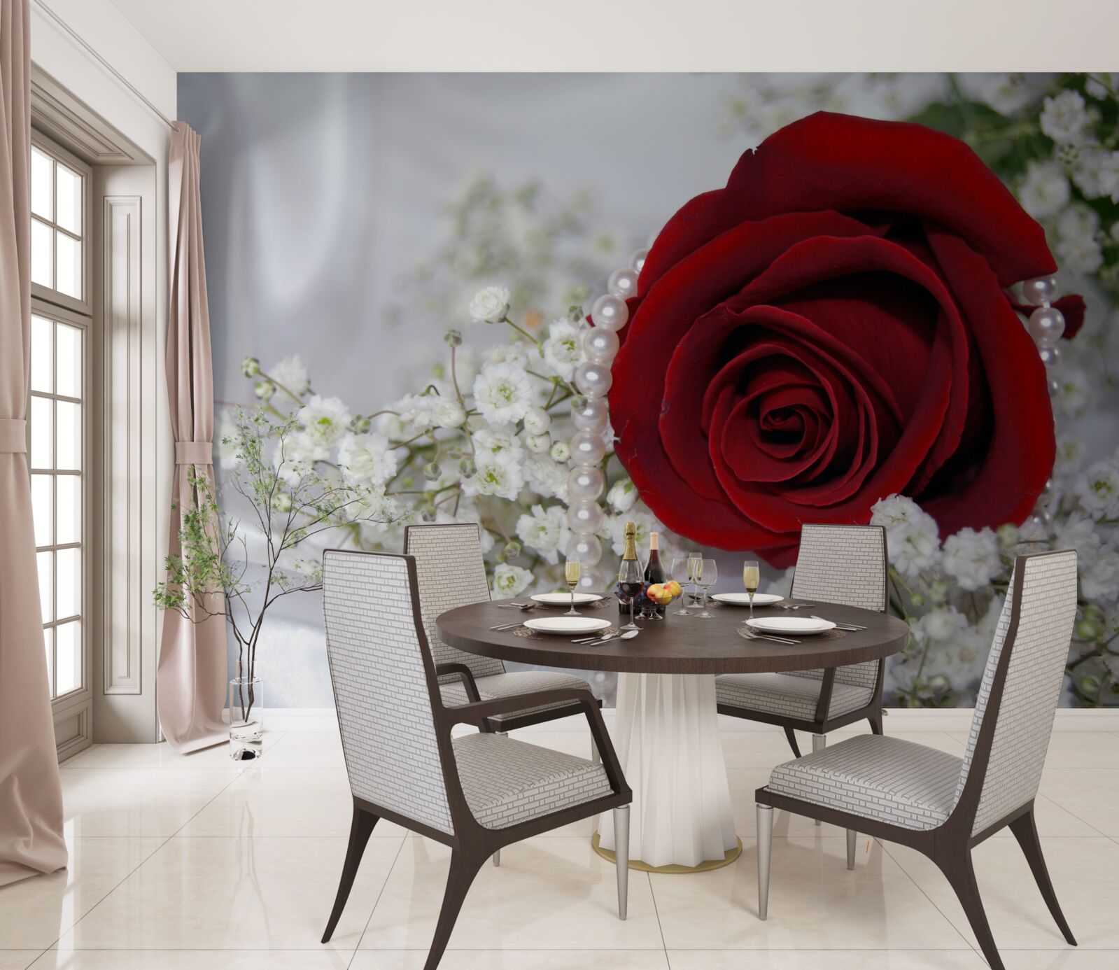 Papier peint sur soie, une marguerite est entourée d'une rose rouge