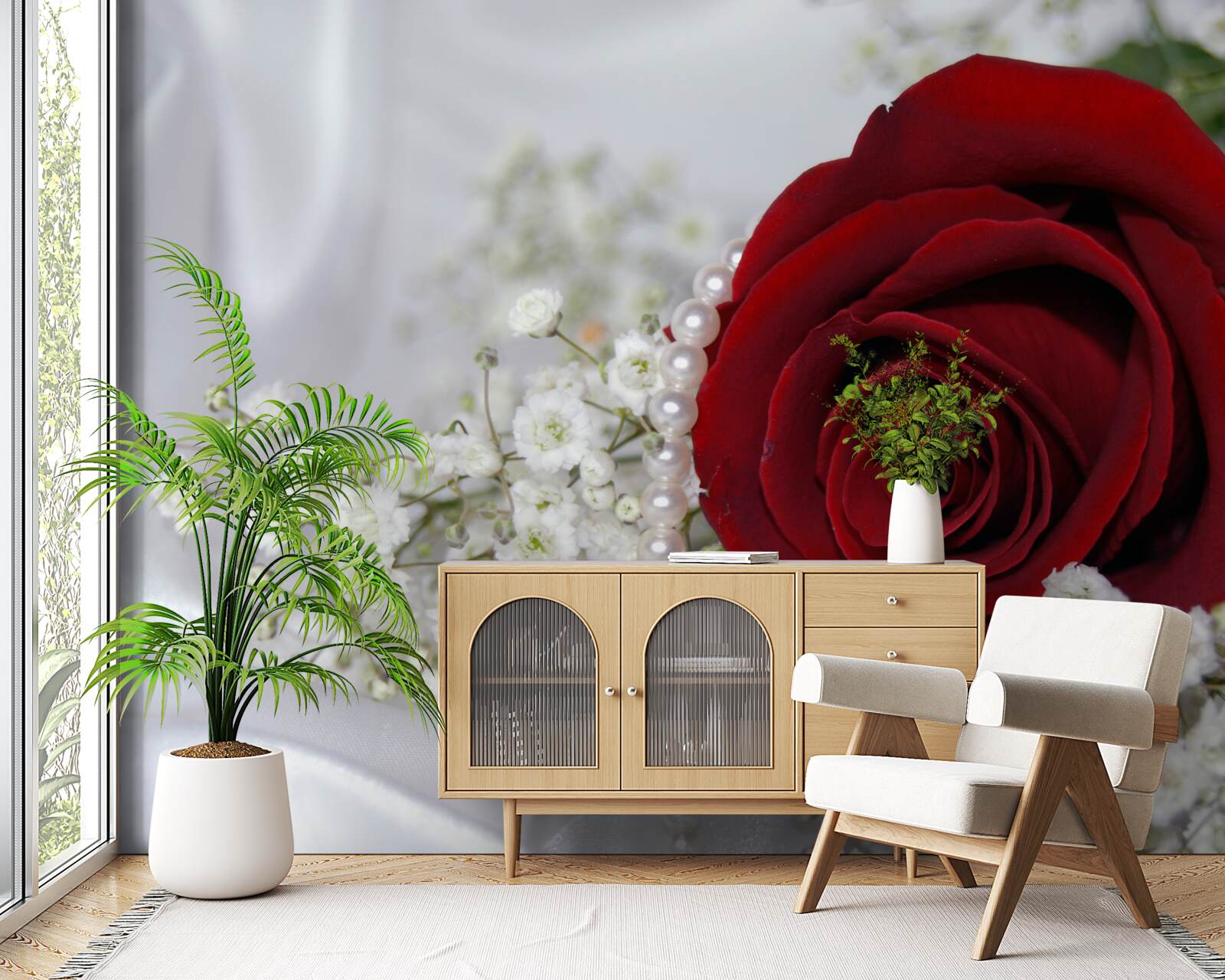 Papier peint sur soie, une marguerite est entourée d'une rose rouge