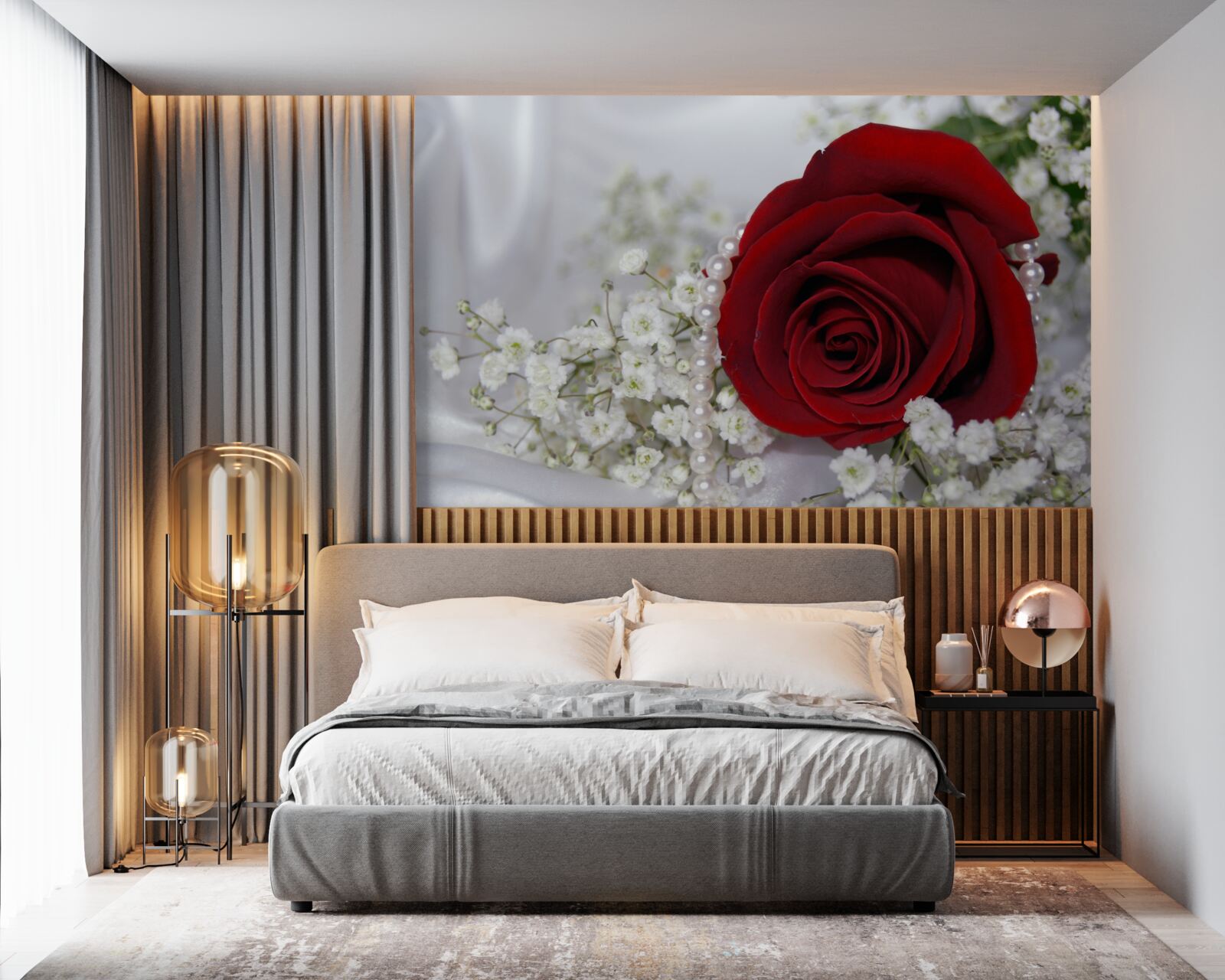 Papier peint sur soie, une marguerite est entourée d'une rose rouge