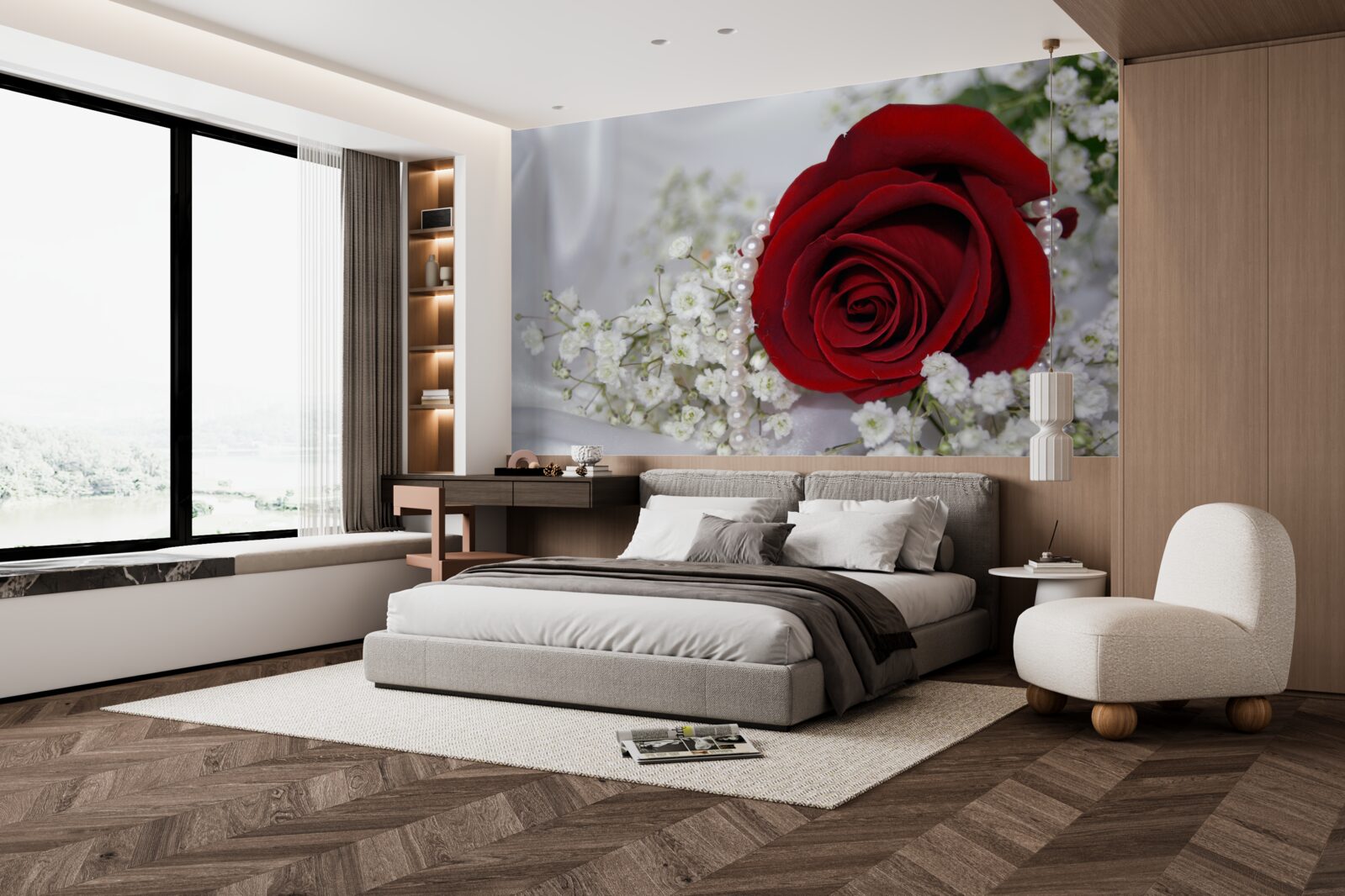 Papier peint sur soie, une marguerite est entourée d'une rose rouge