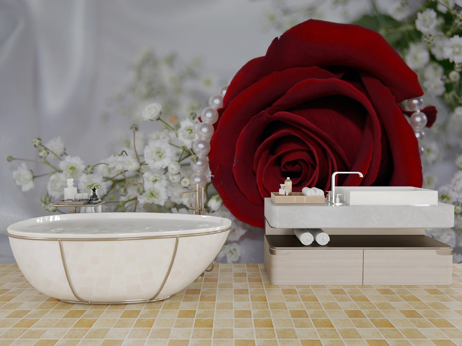 Papier peint sur soie, une marguerite est entourée d'une rose rouge