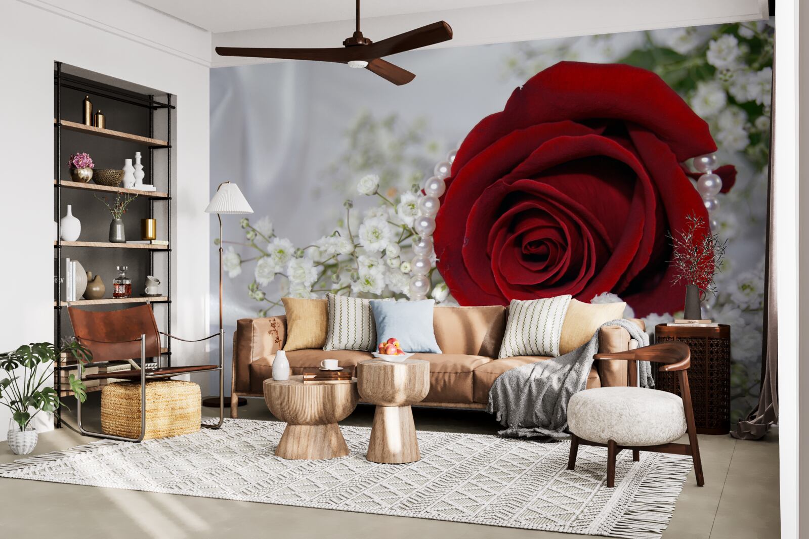 Papier peint sur soie, une marguerite est entourée d'une rose rouge