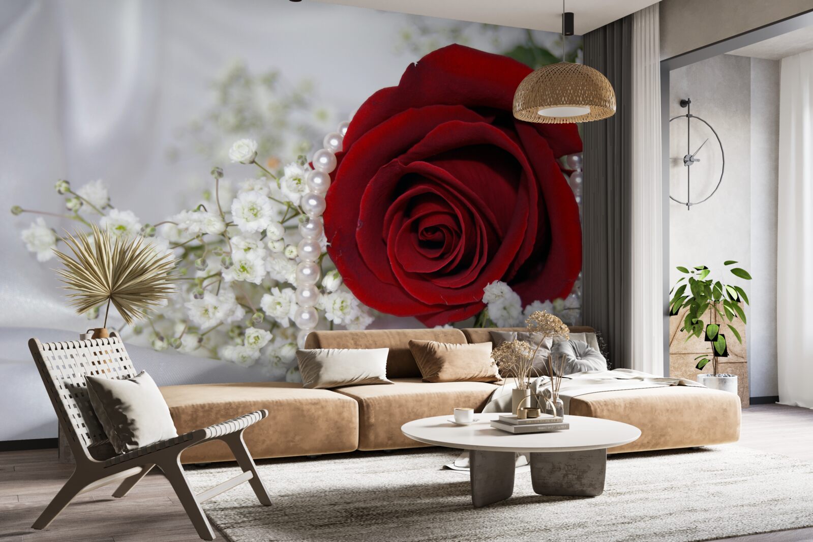 Papier peint sur soie, une marguerite est entourée d'une rose rouge