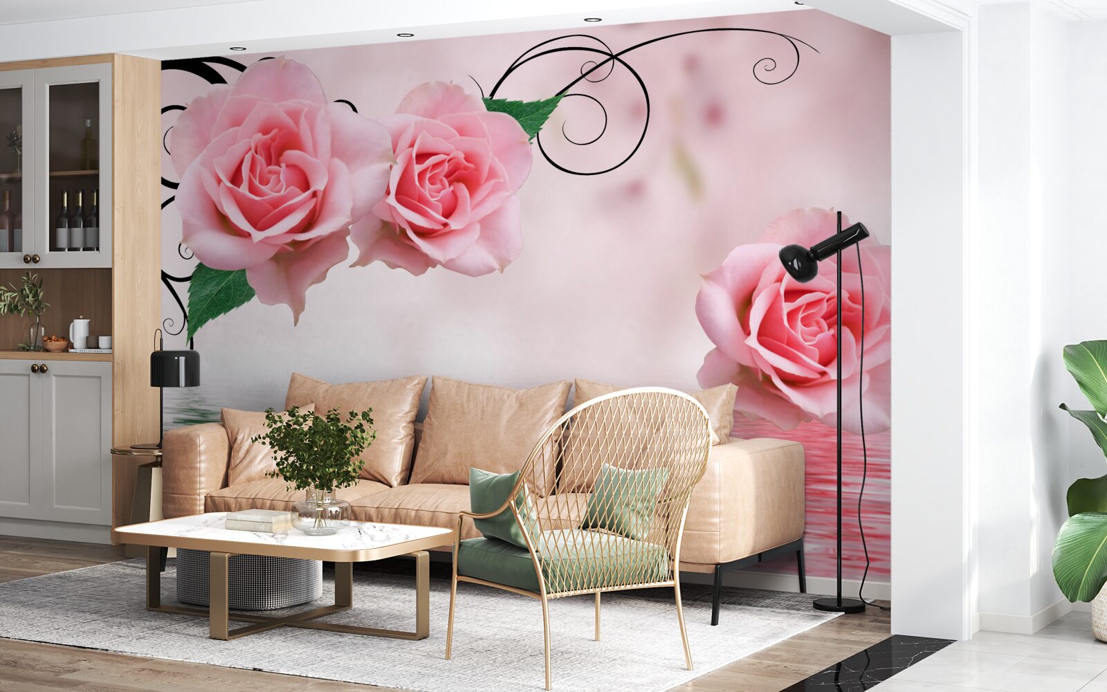 Papier peint reflet d'une rose rose dans l'eau