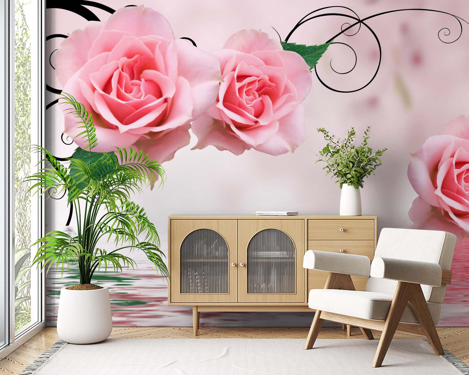 Papier peint reflet d'une rose rose dans l'eau