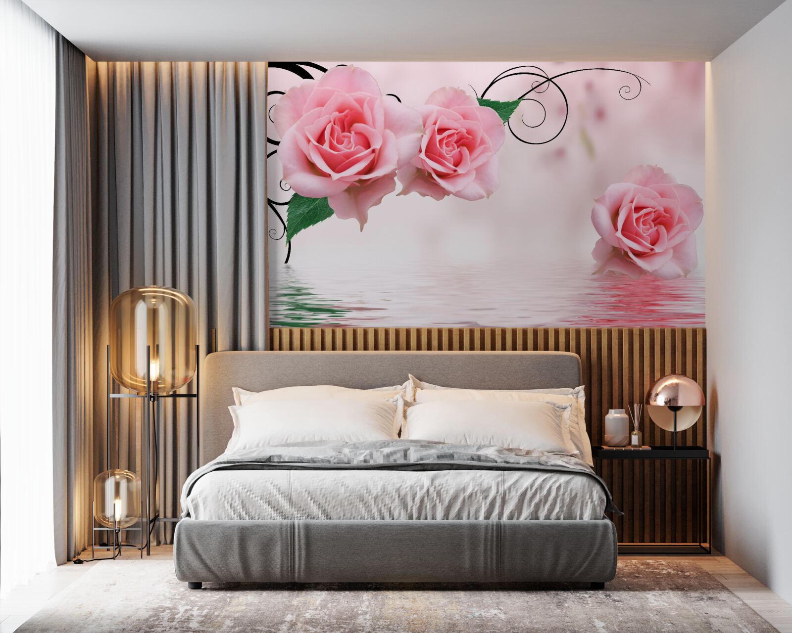 Papier peint reflet d'une rose rose dans l'eau