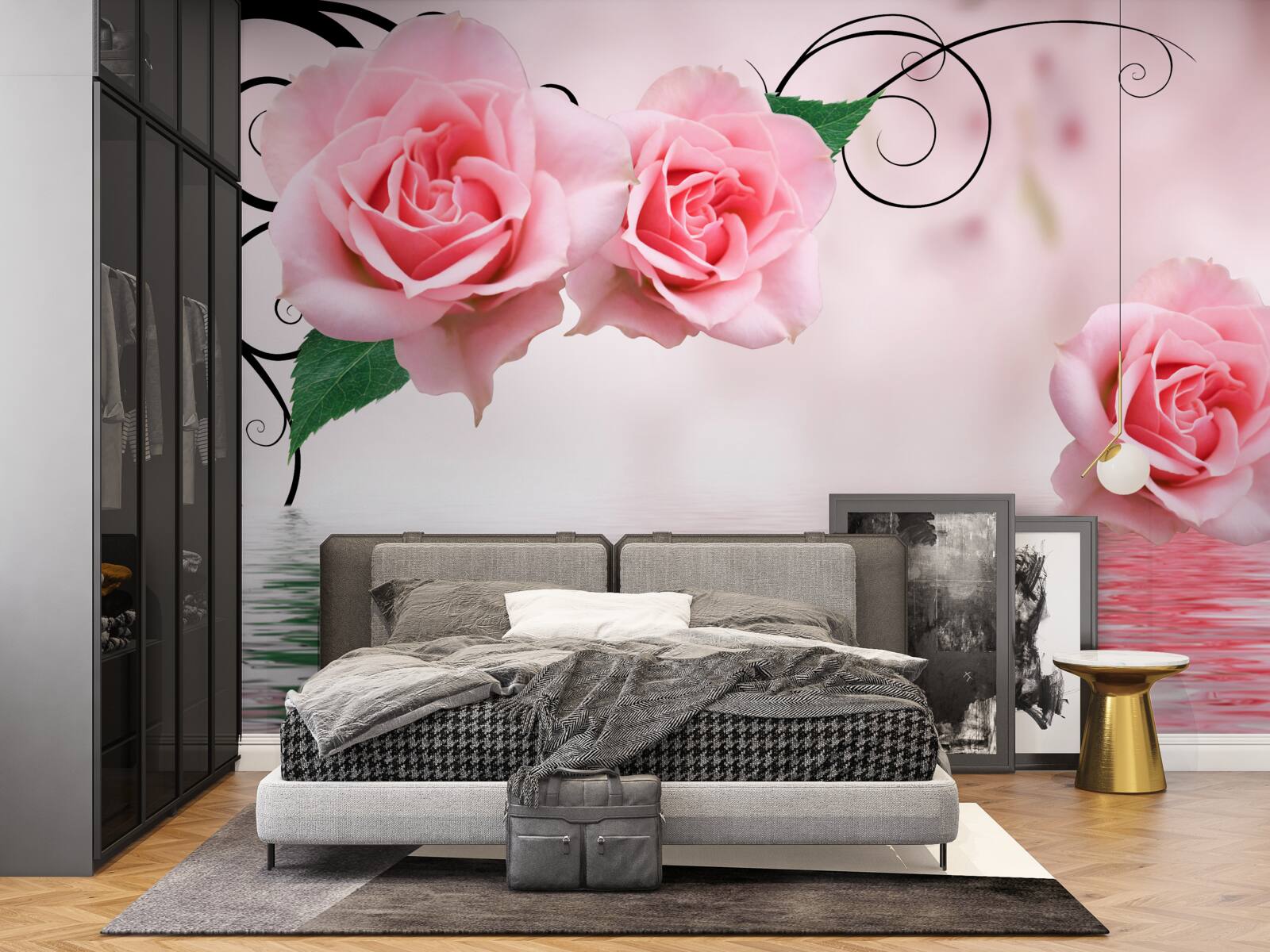 Papier peint reflet d'une rose rose dans l'eau