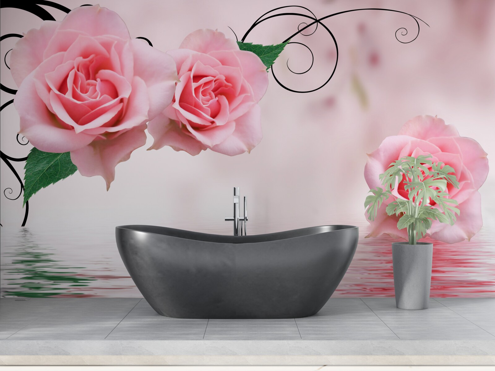 Papier peint reflet d'une rose rose dans l'eau