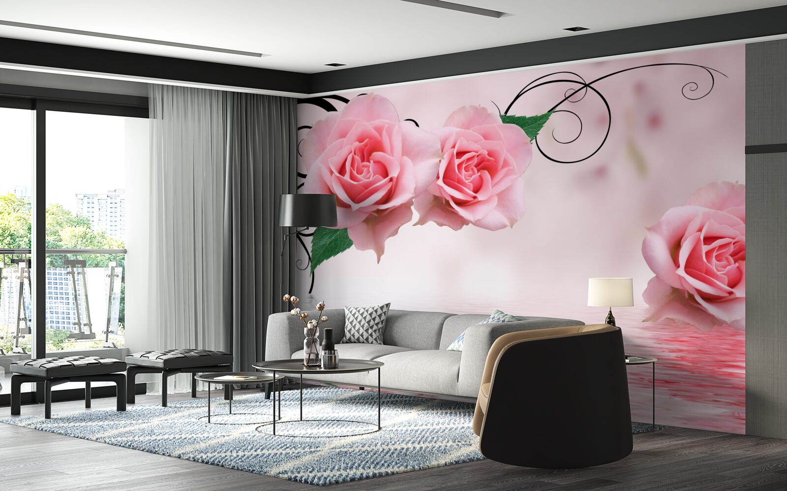 Papier peint reflet d'une rose rose dans l'eau