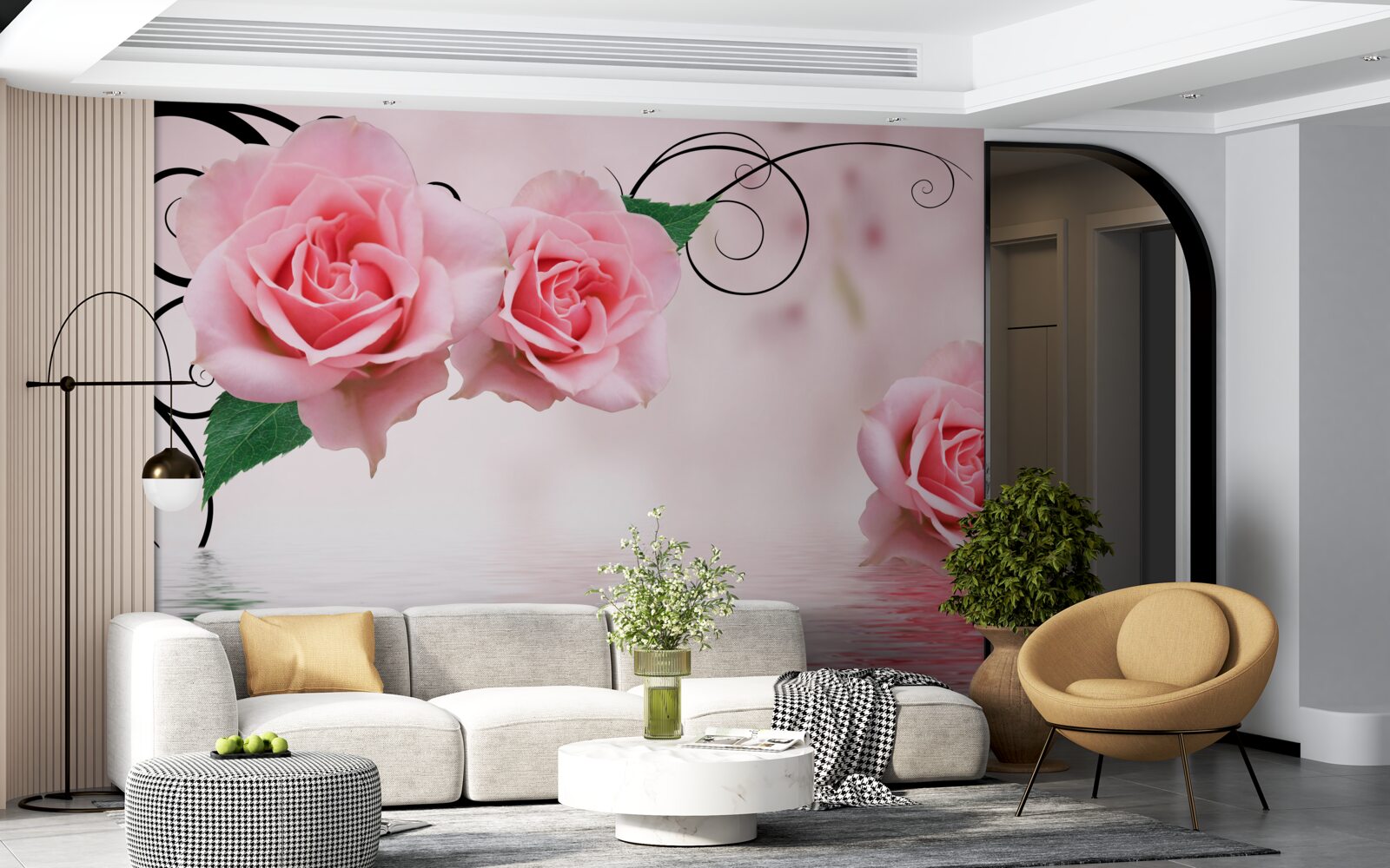 Papier peint reflet d'une rose rose dans l'eau