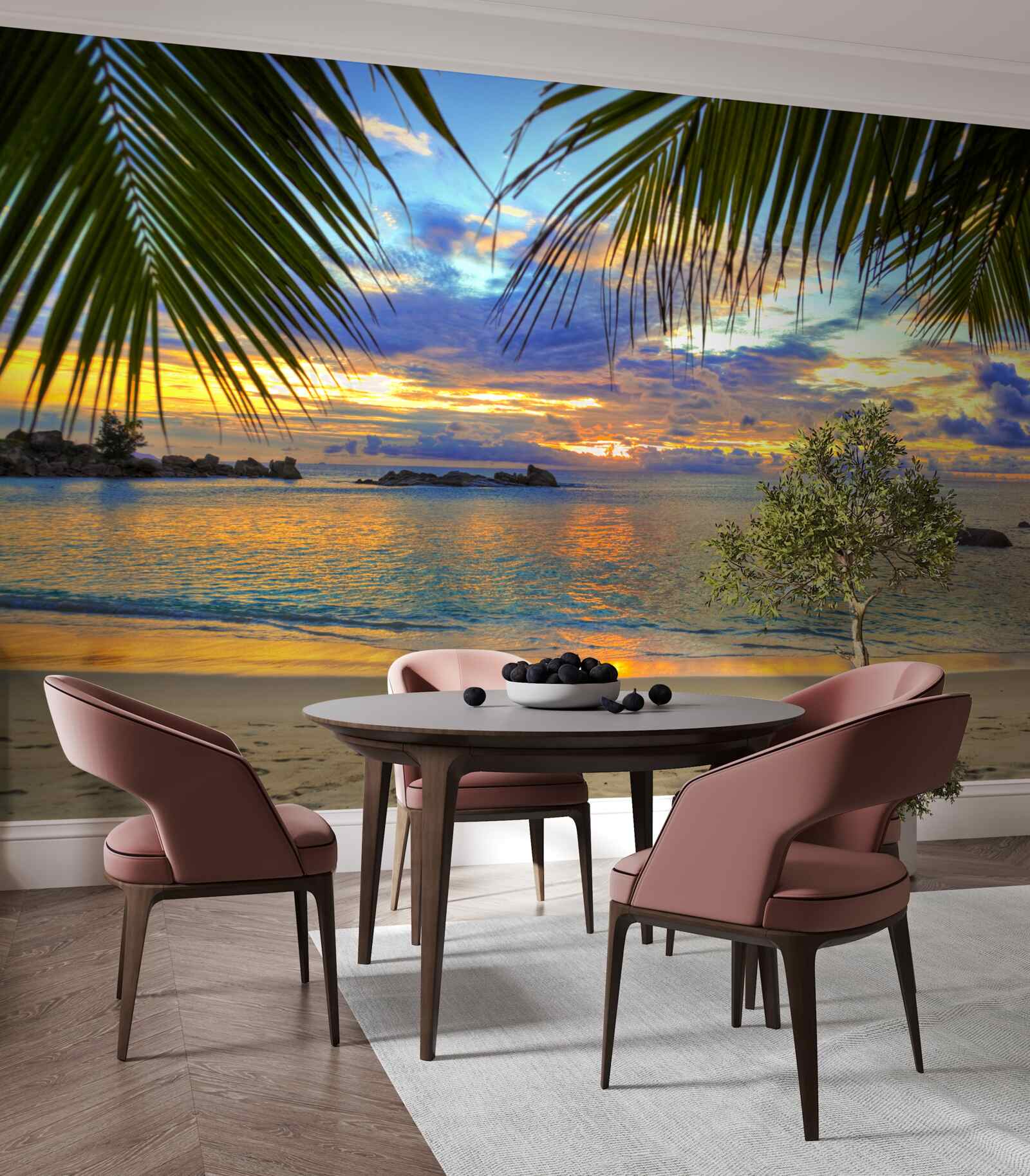 Papier peint le rivage est entouré d'un paisible coucher de soleil tropical