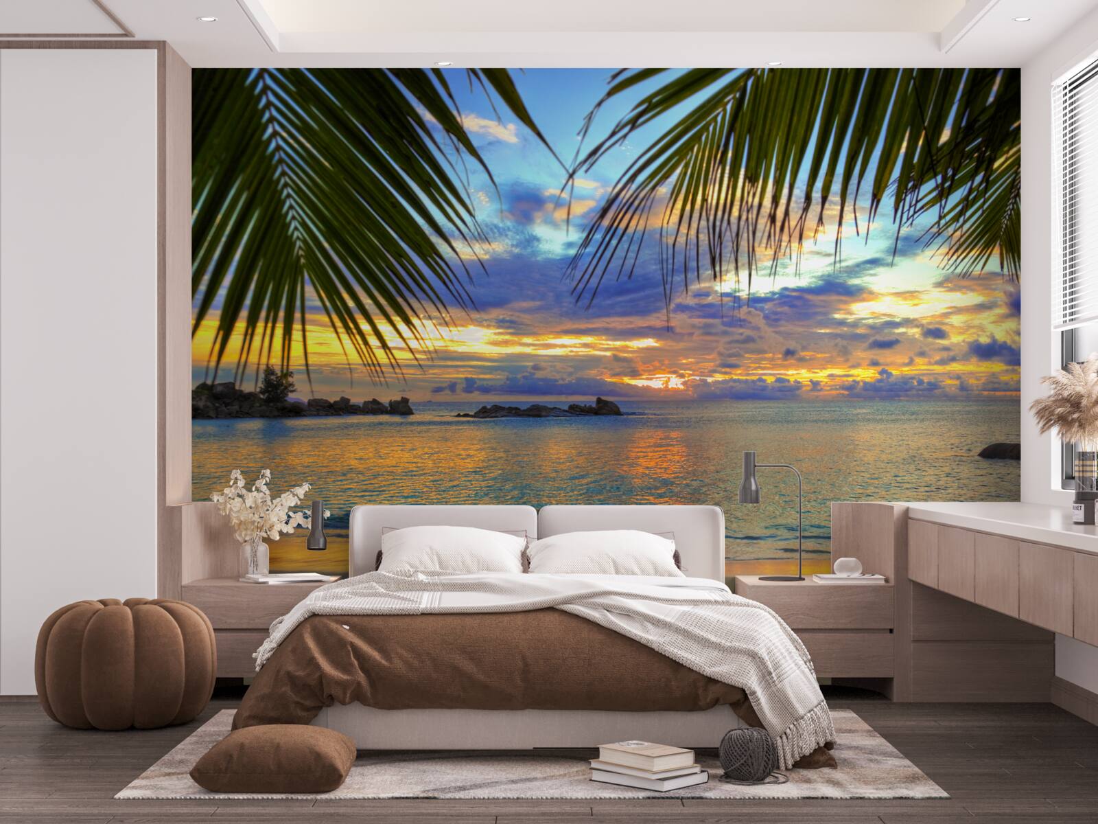 Papier peint le rivage est entouré d'un paisible coucher de soleil tropical