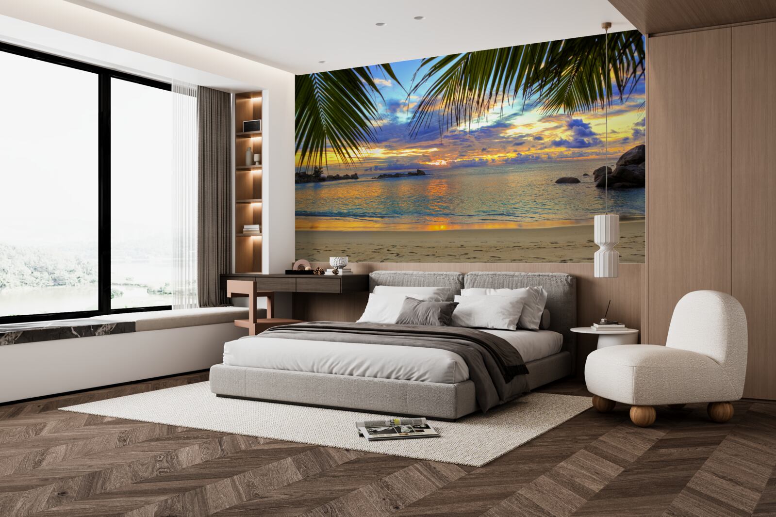 Papier peint le rivage est entouré d'un paisible coucher de soleil tropical