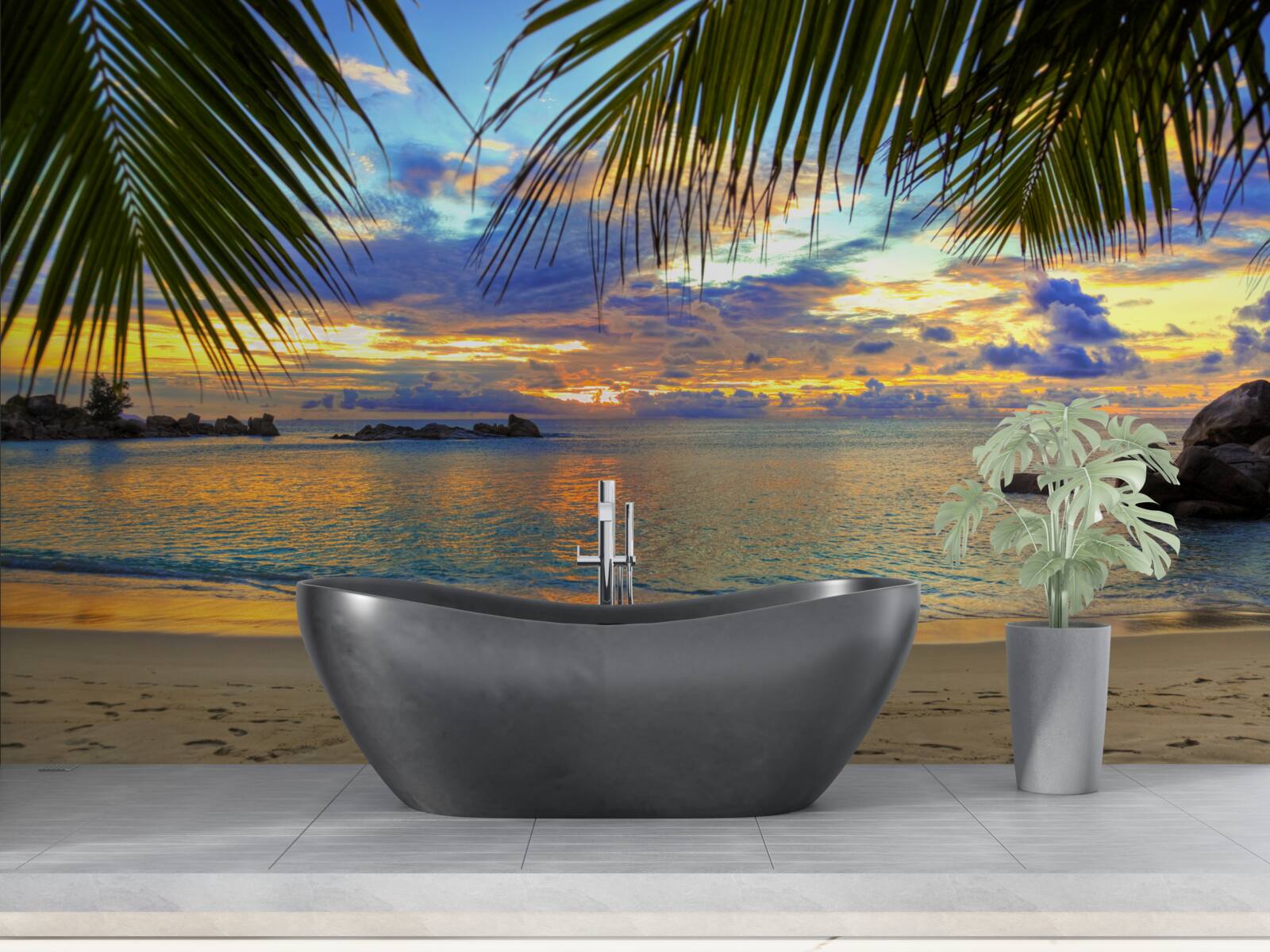 Papier peint le rivage est entouré d'un paisible coucher de soleil tropical