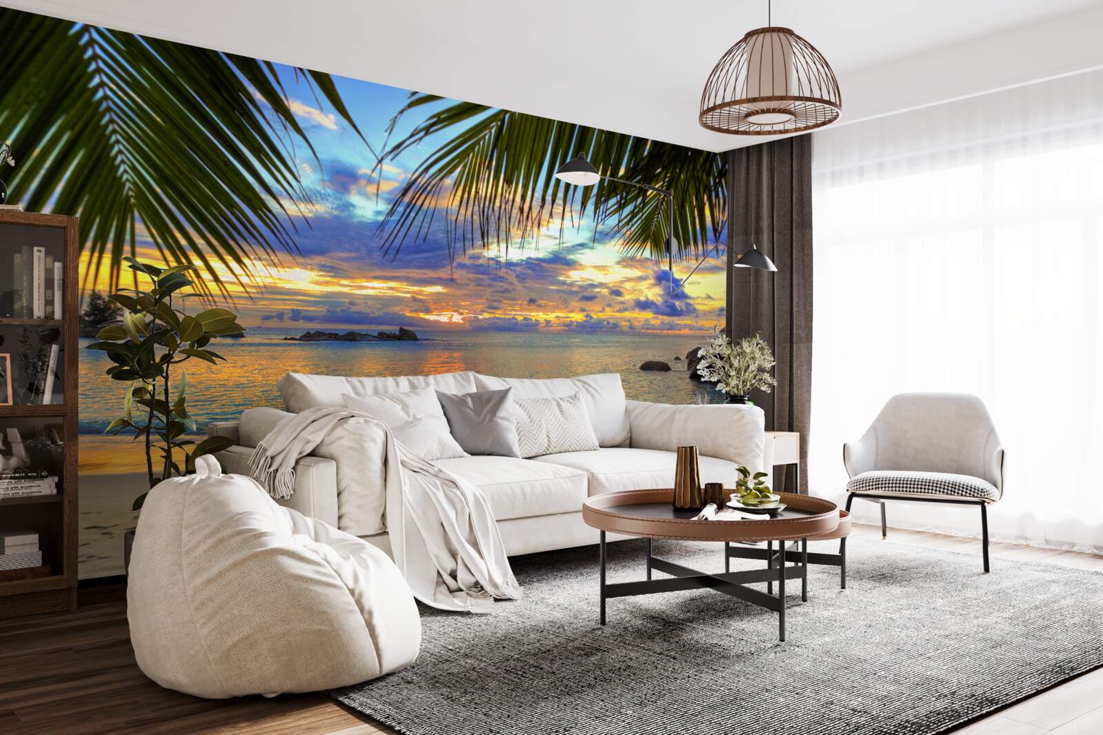 Papier peint le rivage est entouré d'un paisible coucher de soleil tropical