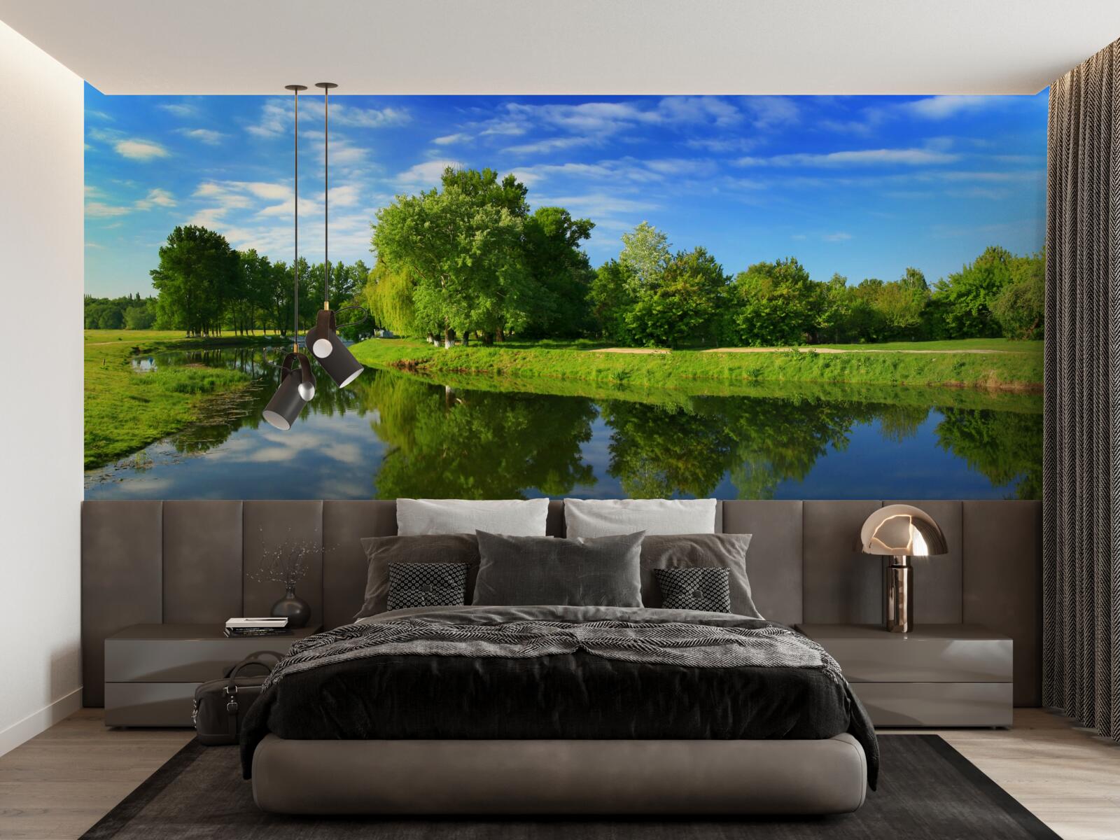 Papier peint la rivière est entourée d'arbres