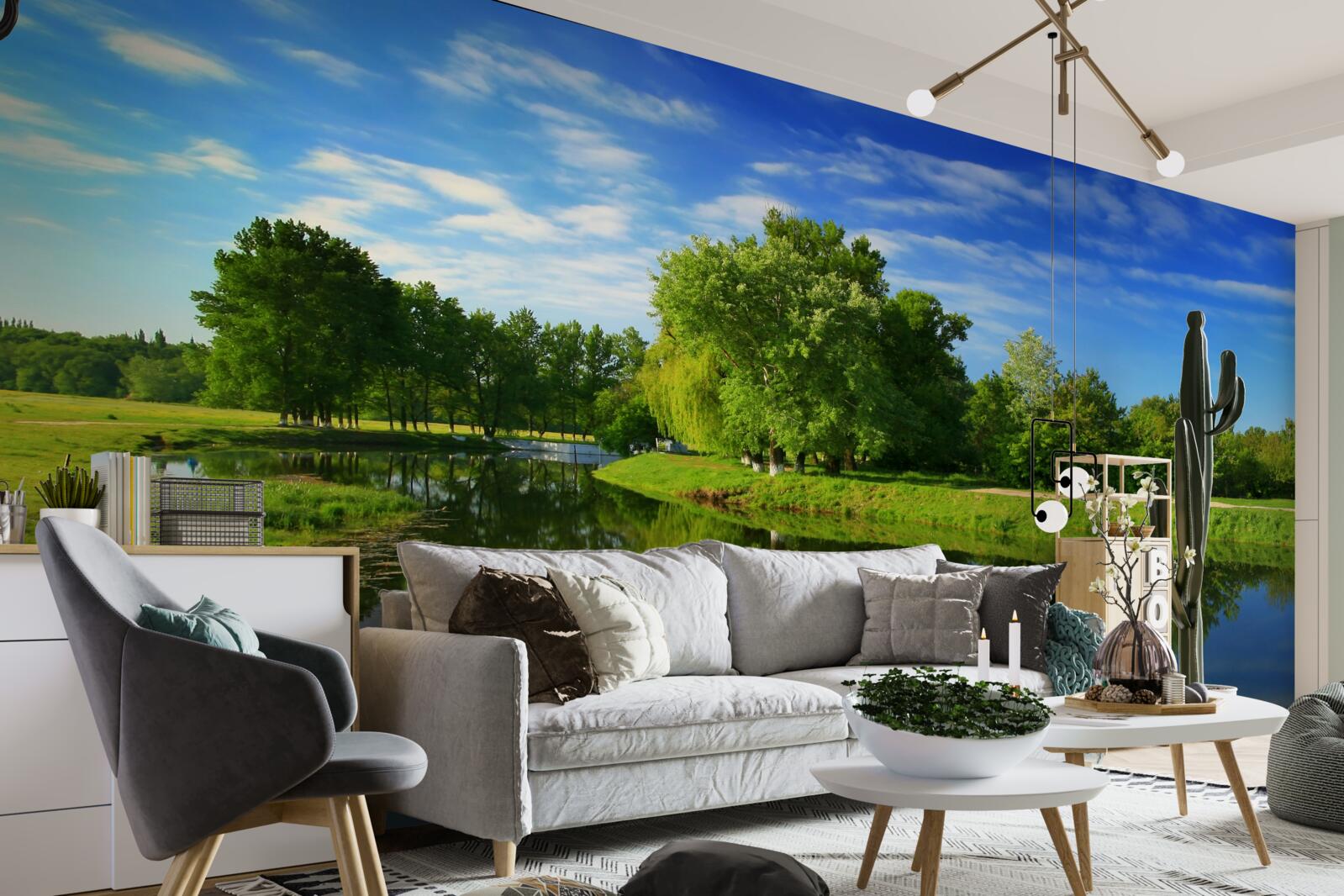 Papier peint la rivière est entourée d'arbres