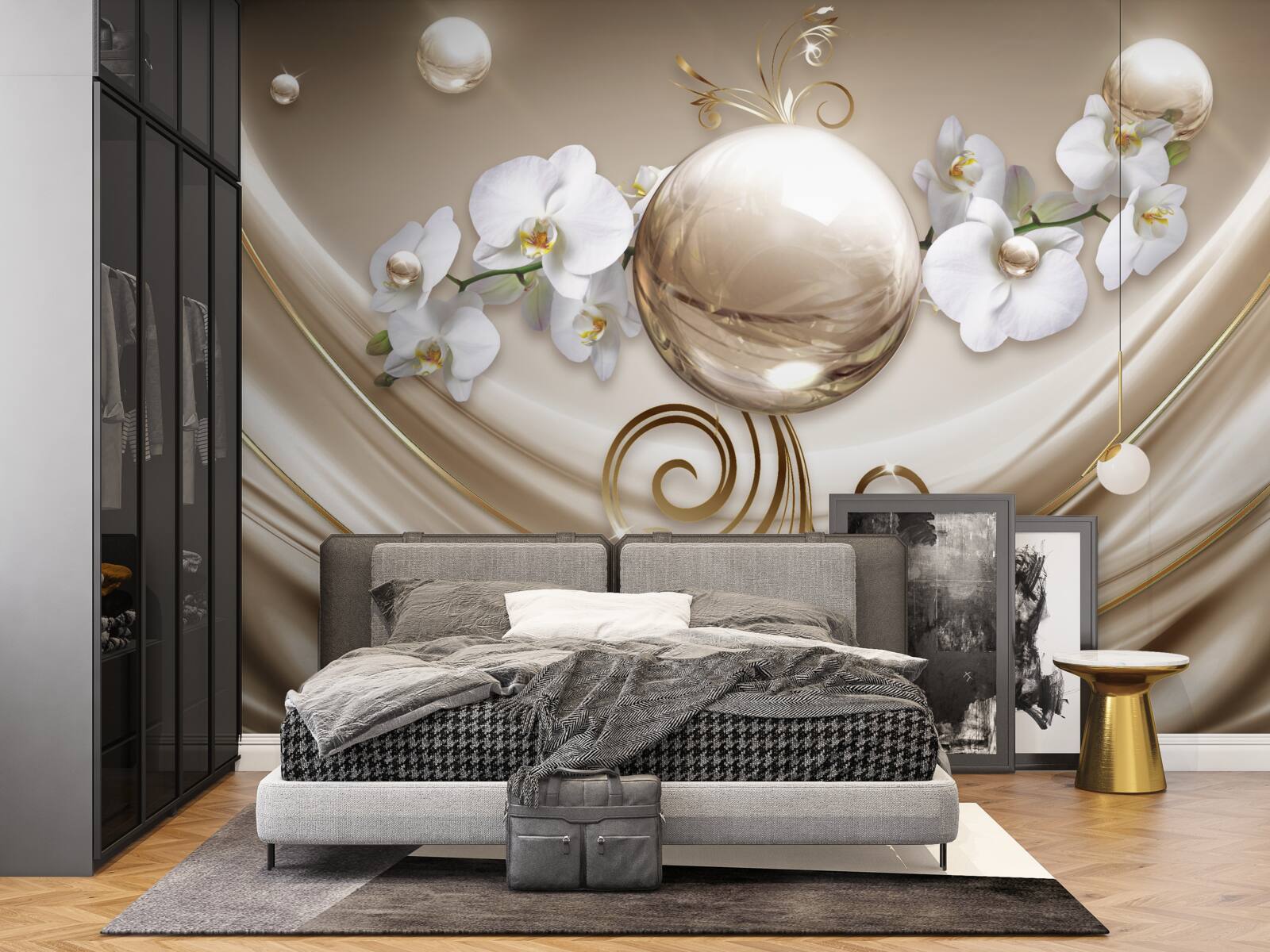 Papier peint une boule d'orchidées dorées et blanches comme la neige