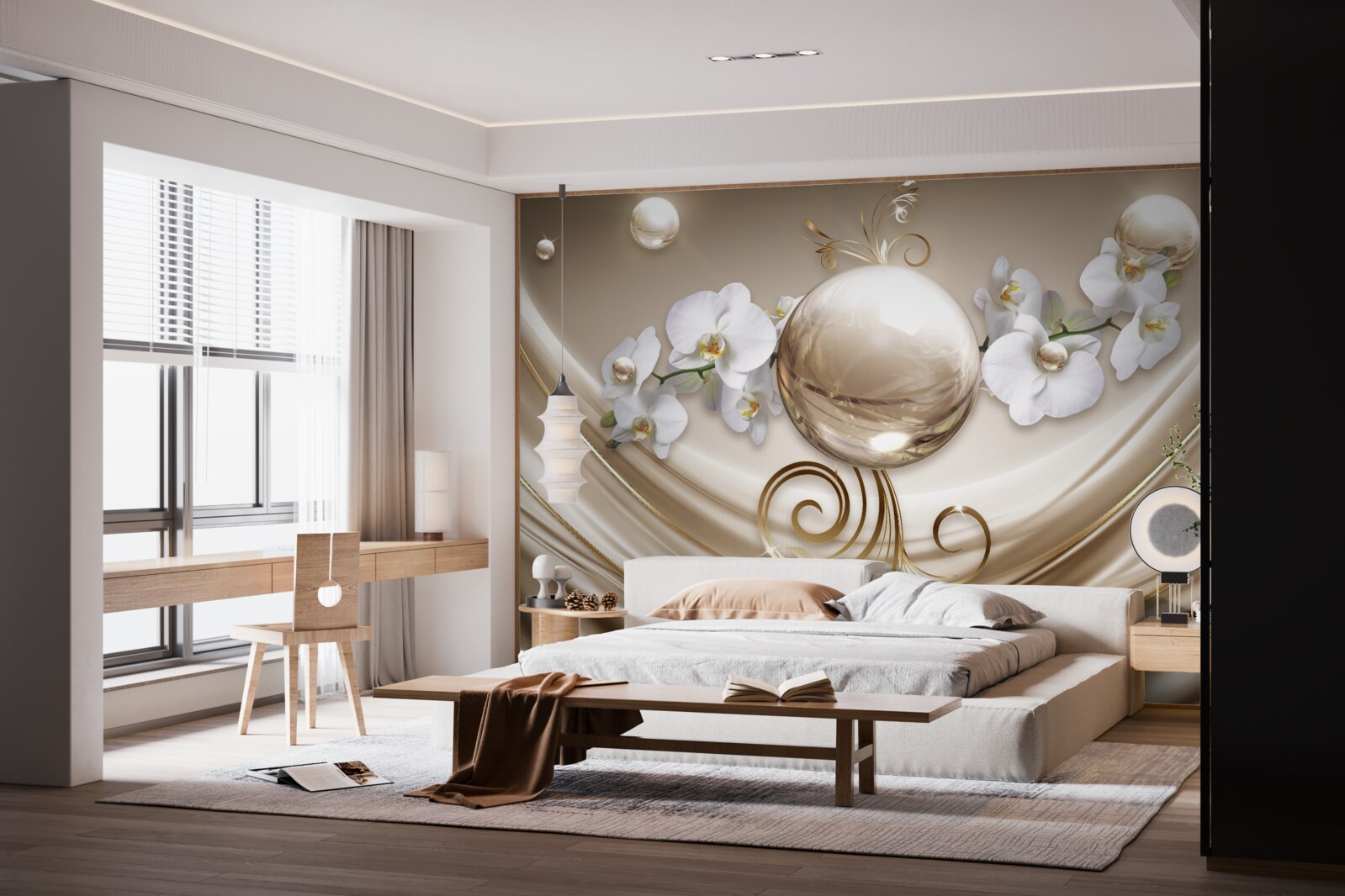 Papier peint une boule d'orchidées dorées et blanches comme la neige