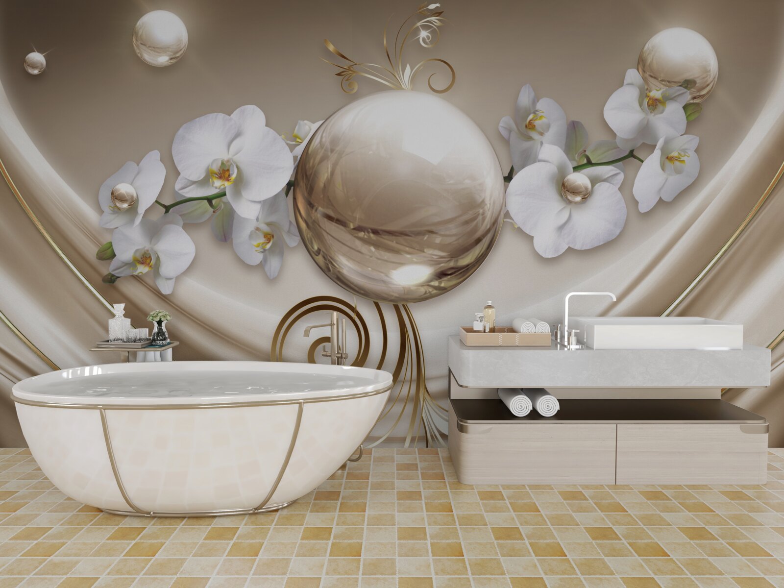 Papier peint une boule d'orchidées dorées et blanches comme la neige