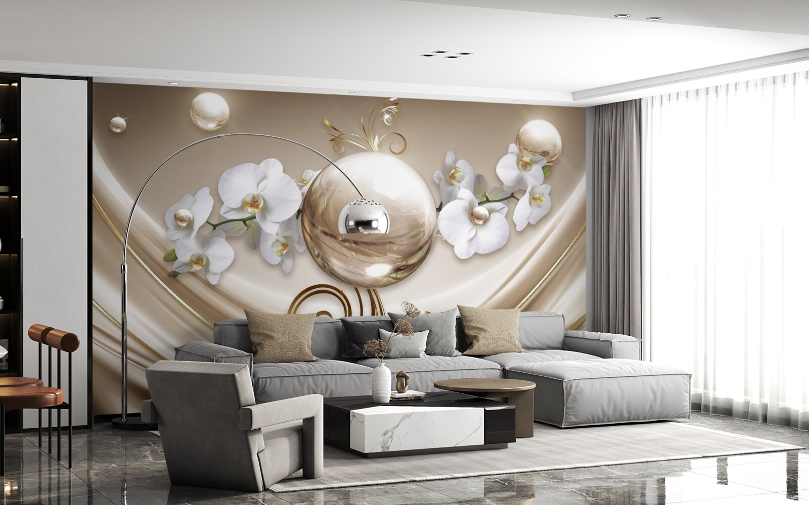 Papier peint une boule d'orchidées dorées et blanches comme la neige