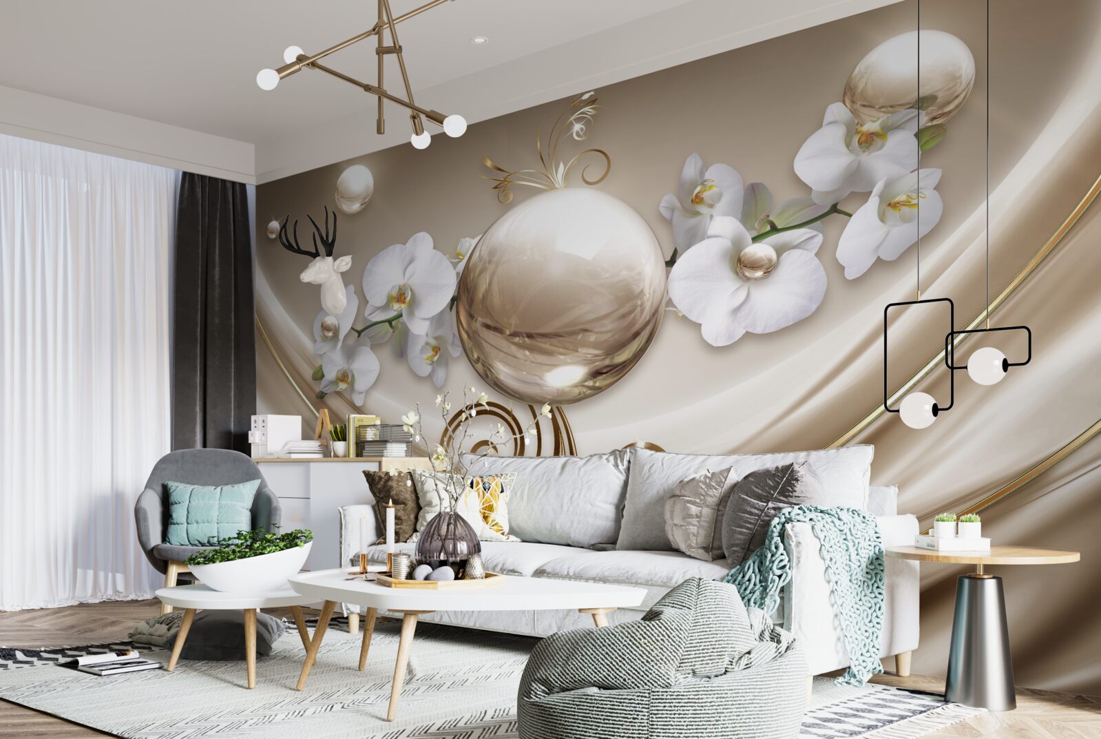 Papier peint une boule d'orchidées dorées et blanches comme la neige