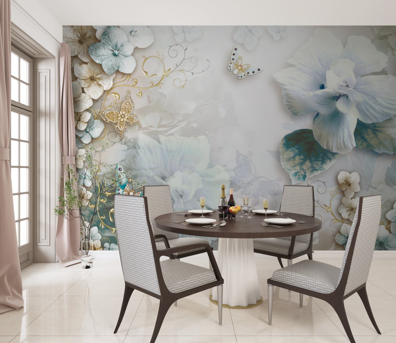 Papier peint papillons et fleurs dans les tons de turquoise