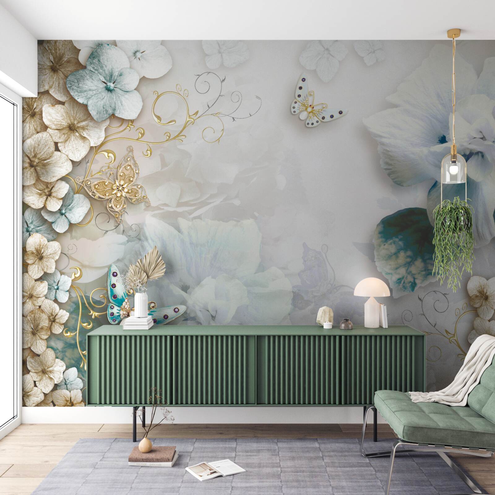 Papier peint papillons et fleurs dans les tons de turquoise