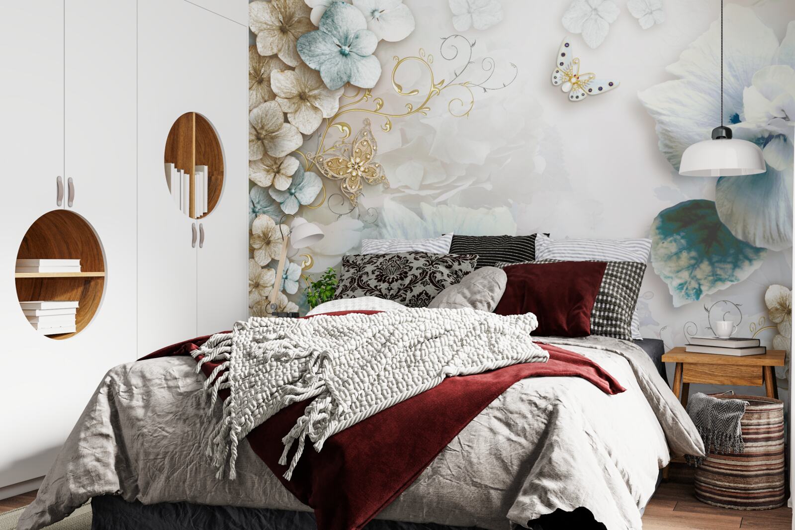 Papier peint papillons et fleurs dans les tons de turquoise