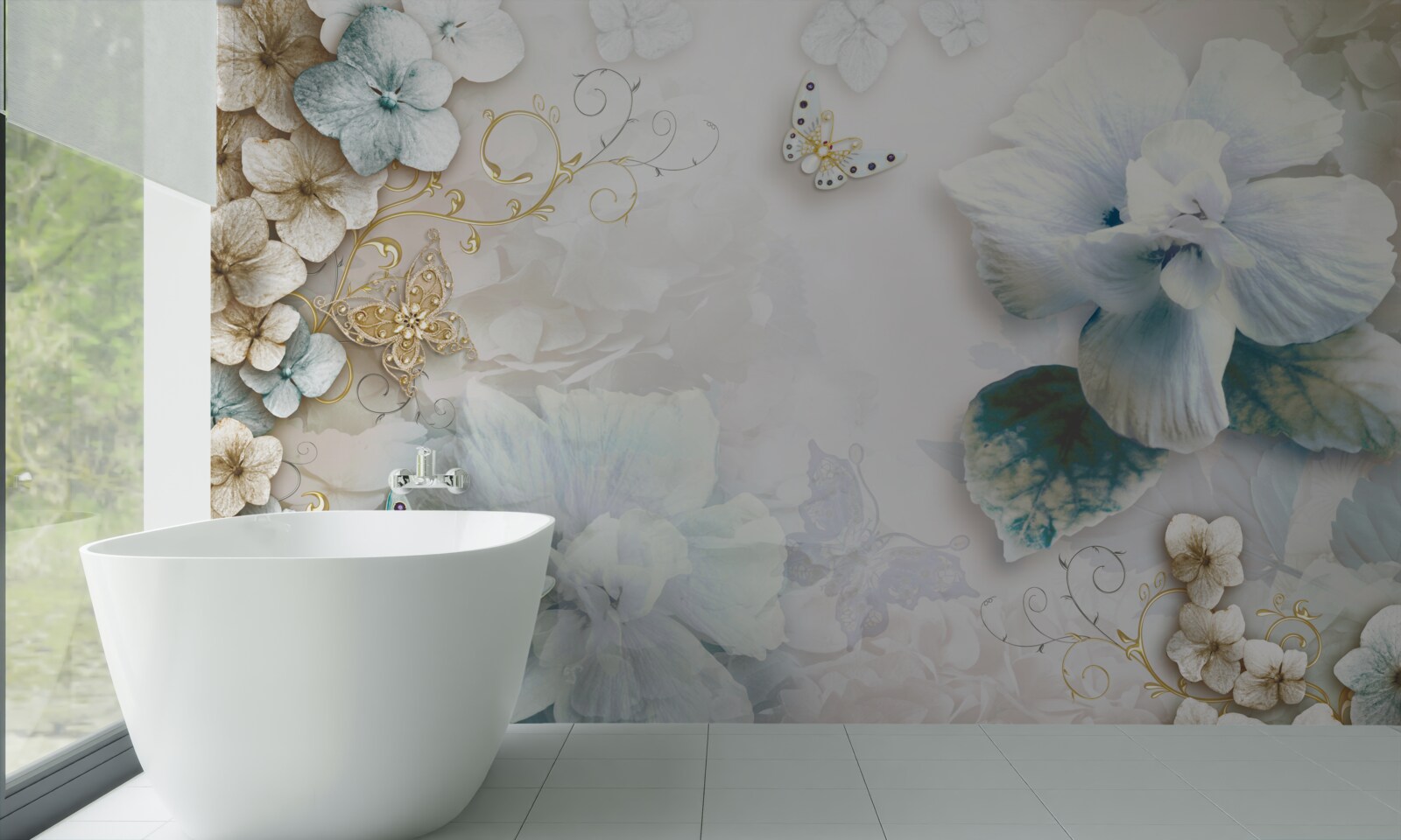 Papier peint papillons et fleurs dans les tons de turquoise