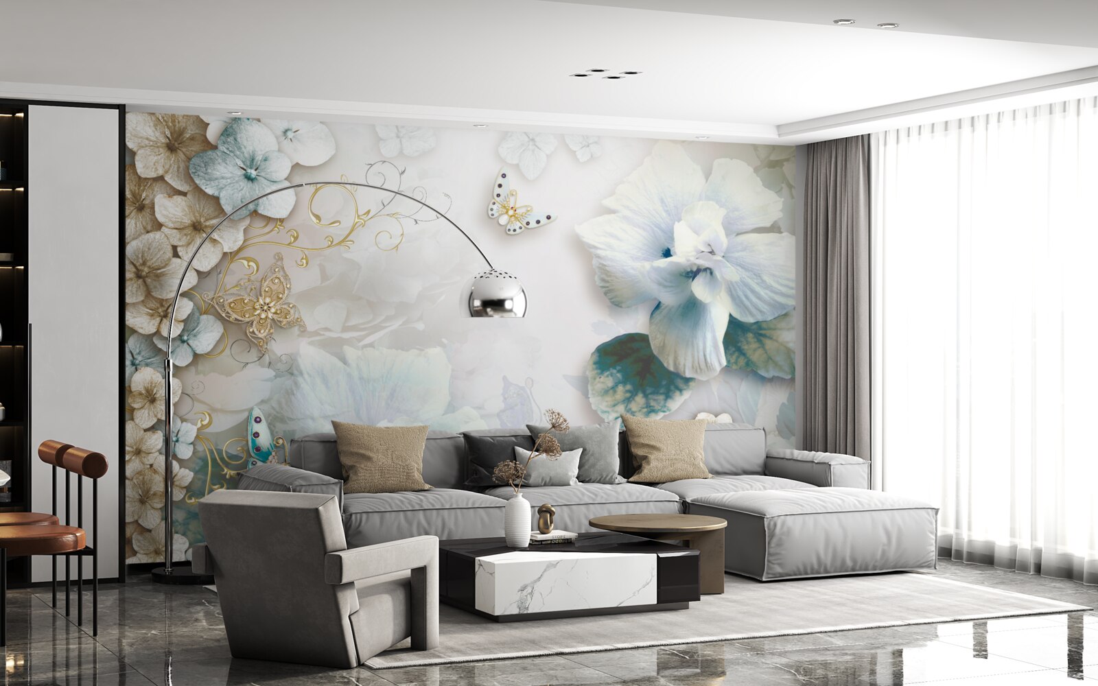 Papier peint papillons et fleurs dans les tons de turquoise