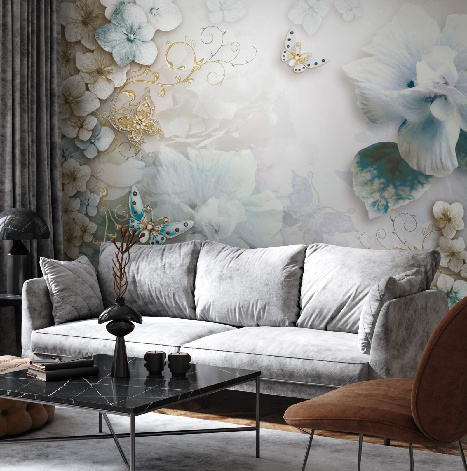 Papier peint papillons et fleurs dans les tons de turquoise