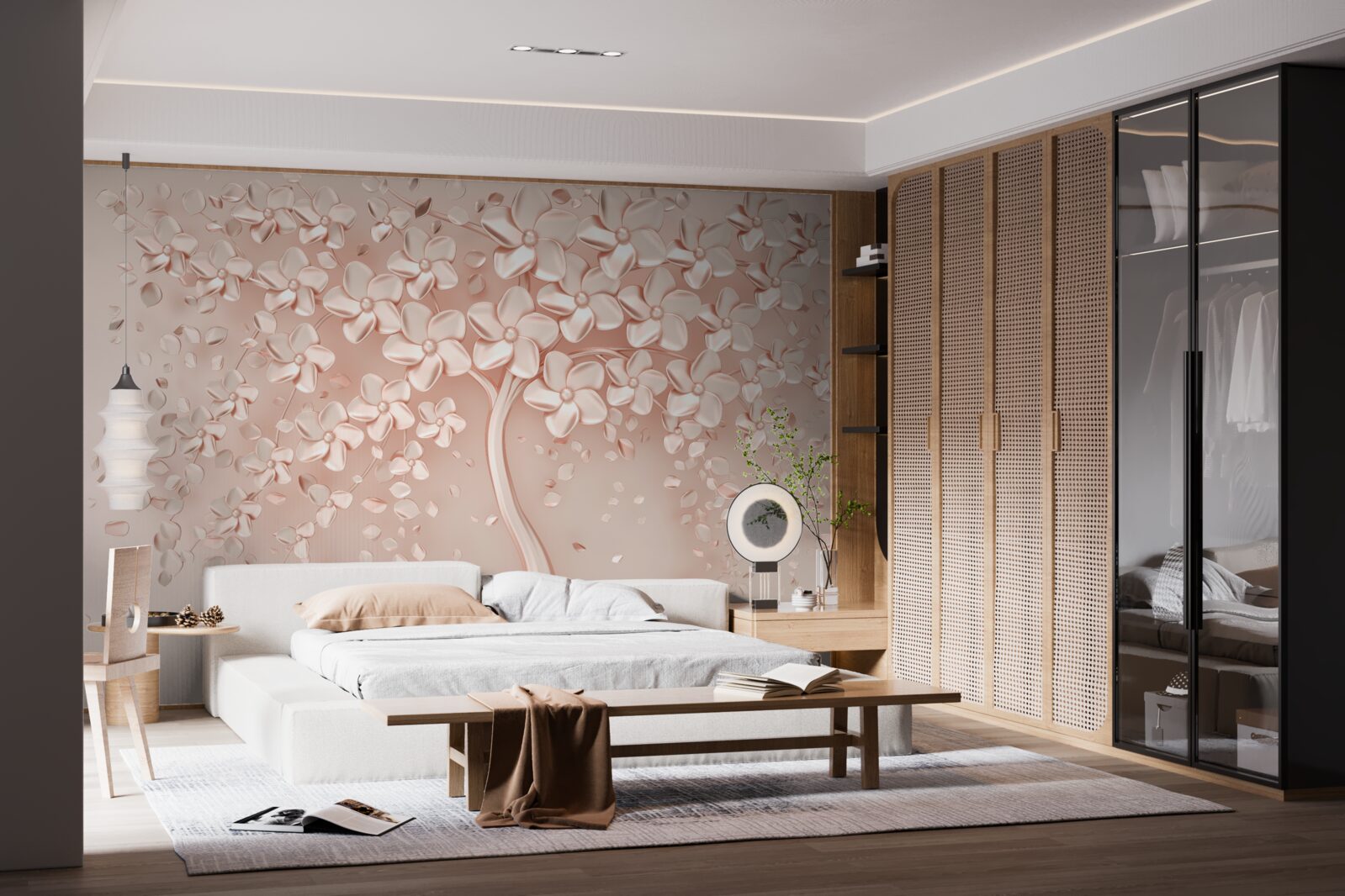 Papier peint des fleurs s'épanouissent sur un petit arbre