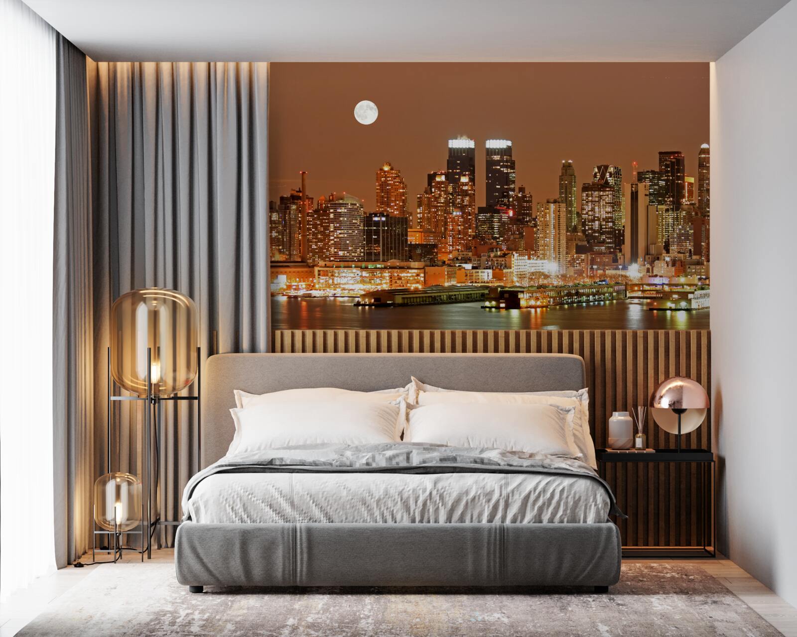 Papier peint la ville est éclairée par la pleine lune