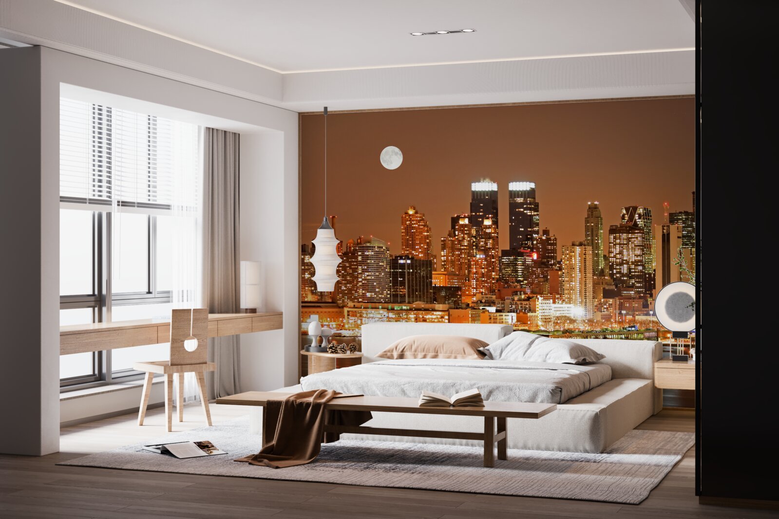 Papier peint la ville est éclairée par la pleine lune