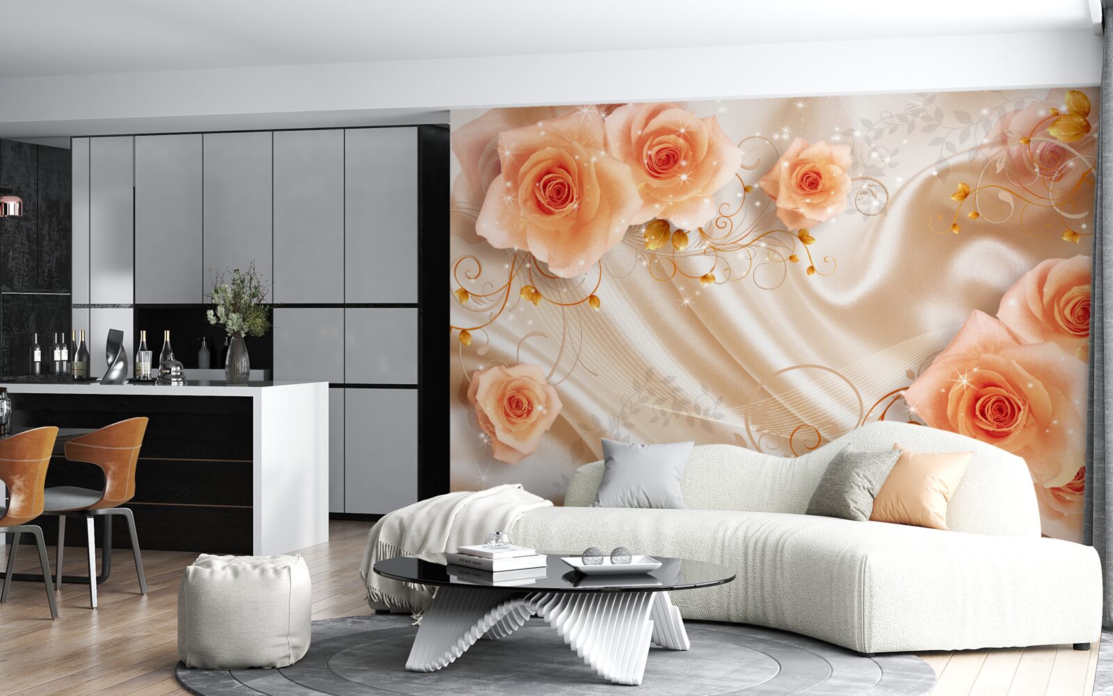 Papier peint roses orange sur satin de soie