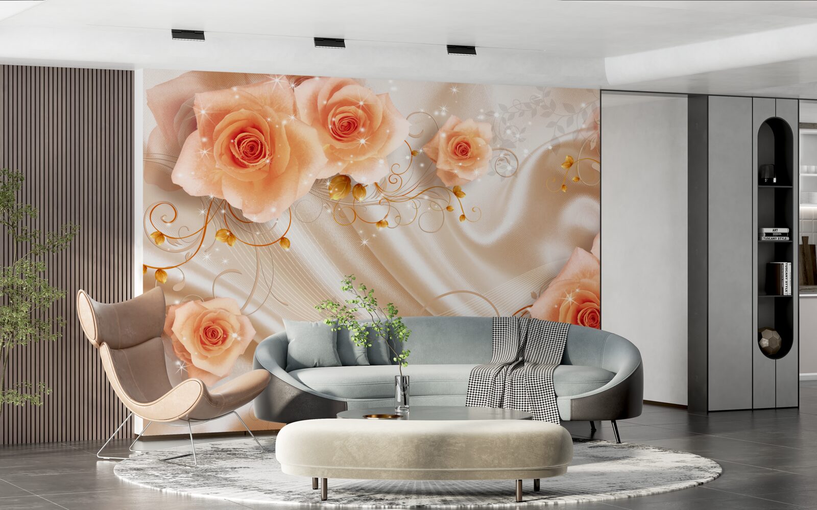 Papier peint roses orange sur satin de soie