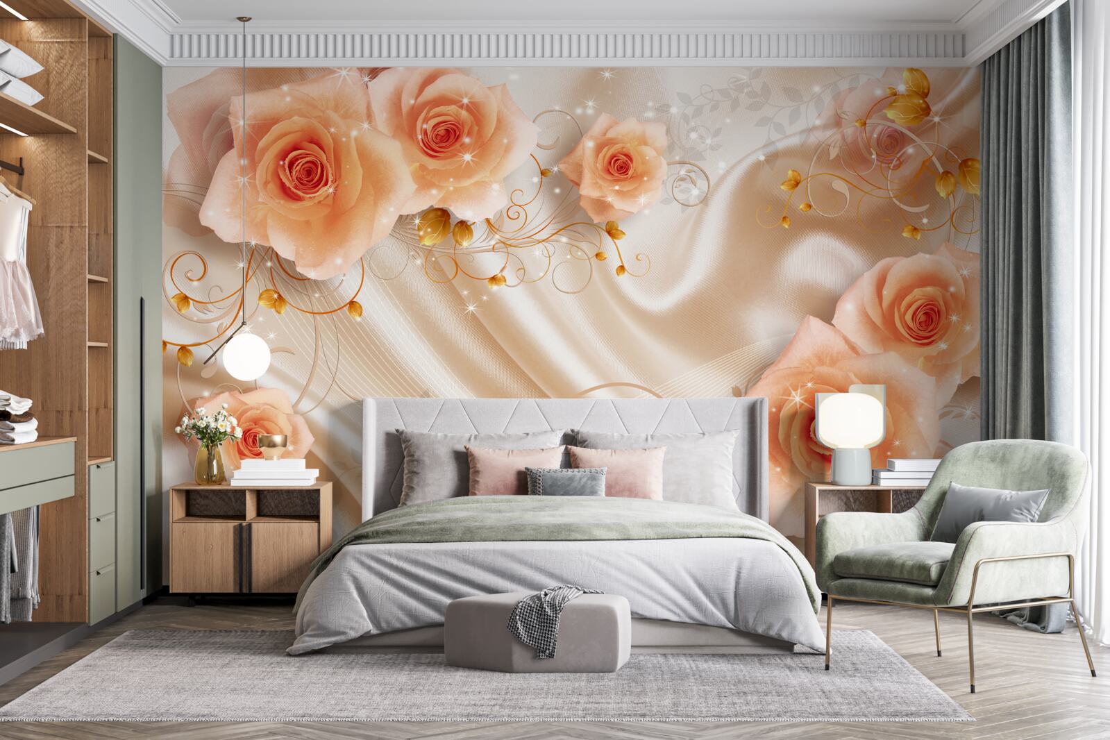 Papier peint roses orange sur satin de soie