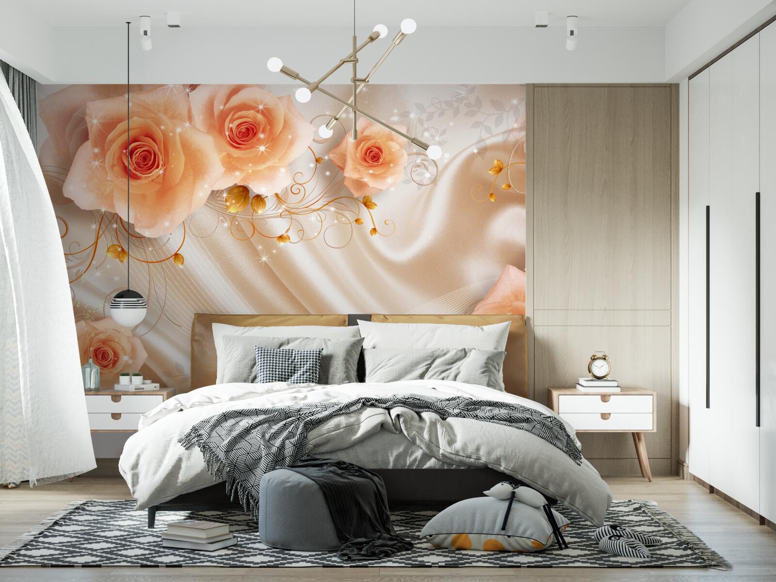 Papier peint roses orange sur satin de soie